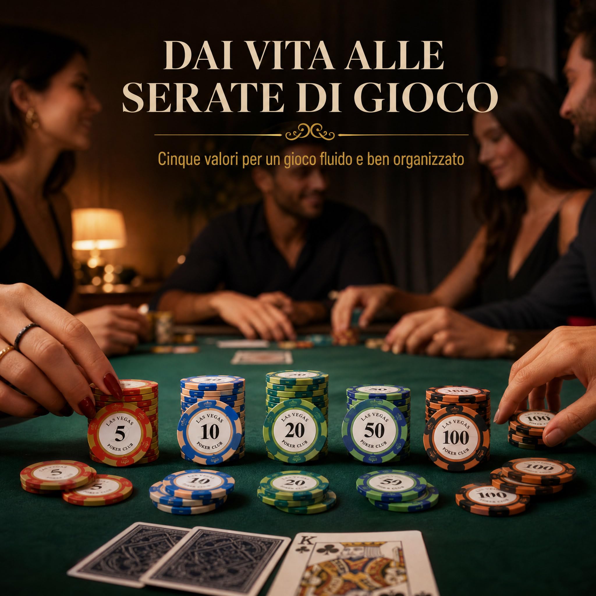 Set da 100 fiches in argilla con valori e scatola acrilica | 20 fiches per ciascun valore 5, 10, 20, 50 e 100, ideali per blackjack, poker e giochi da casinò in casa