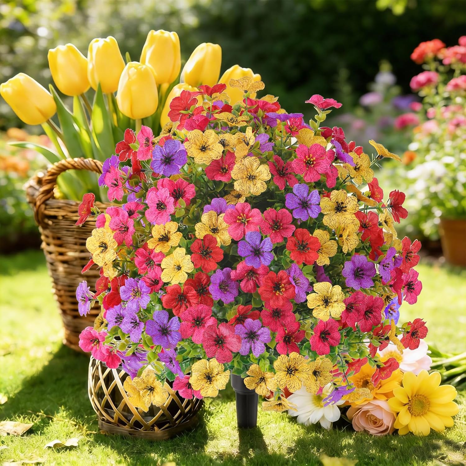 Alupssuc 2Pcs 20" Artificial Topiary Ball Flowers, Spring Outdoor Decoration with Spike, UV Resistant Faux Summer Plants, Faux Bushes Plants, Red Rose, Purple & Yellow for Garden, Porch & Patio Decor - Image 7