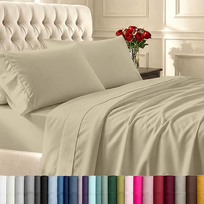 California Design Den King Bed Sheets Set - Soft 400 Thread Count Sateen, Natural 100% Cotton Sheets, Durable & Breathable Bedding with Deep Pockets - Taupe