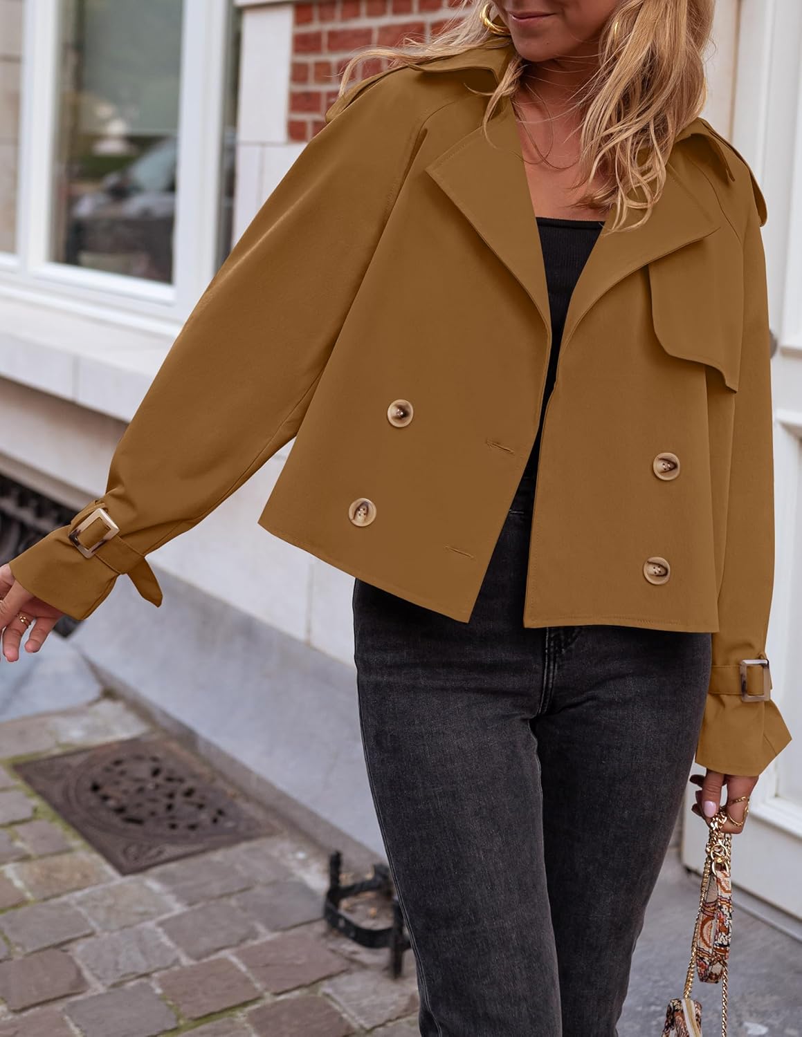 ZESICA Womens Long Sleeve Crop Trench Coat Lapel Double Breasted Loose Casual Jacket with Pockets - Image 2