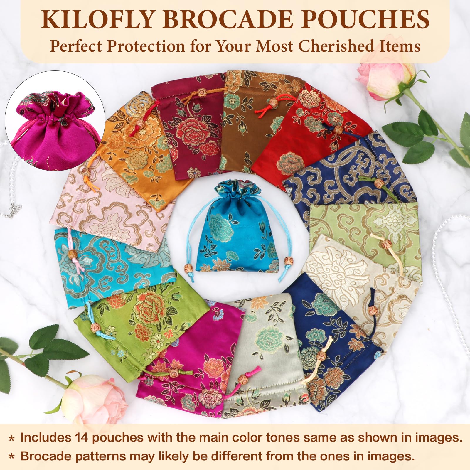 Kilofly - 14 sacchetti per gioielli in broccato di seta a doppio strato, con coulisse, confezione regalo