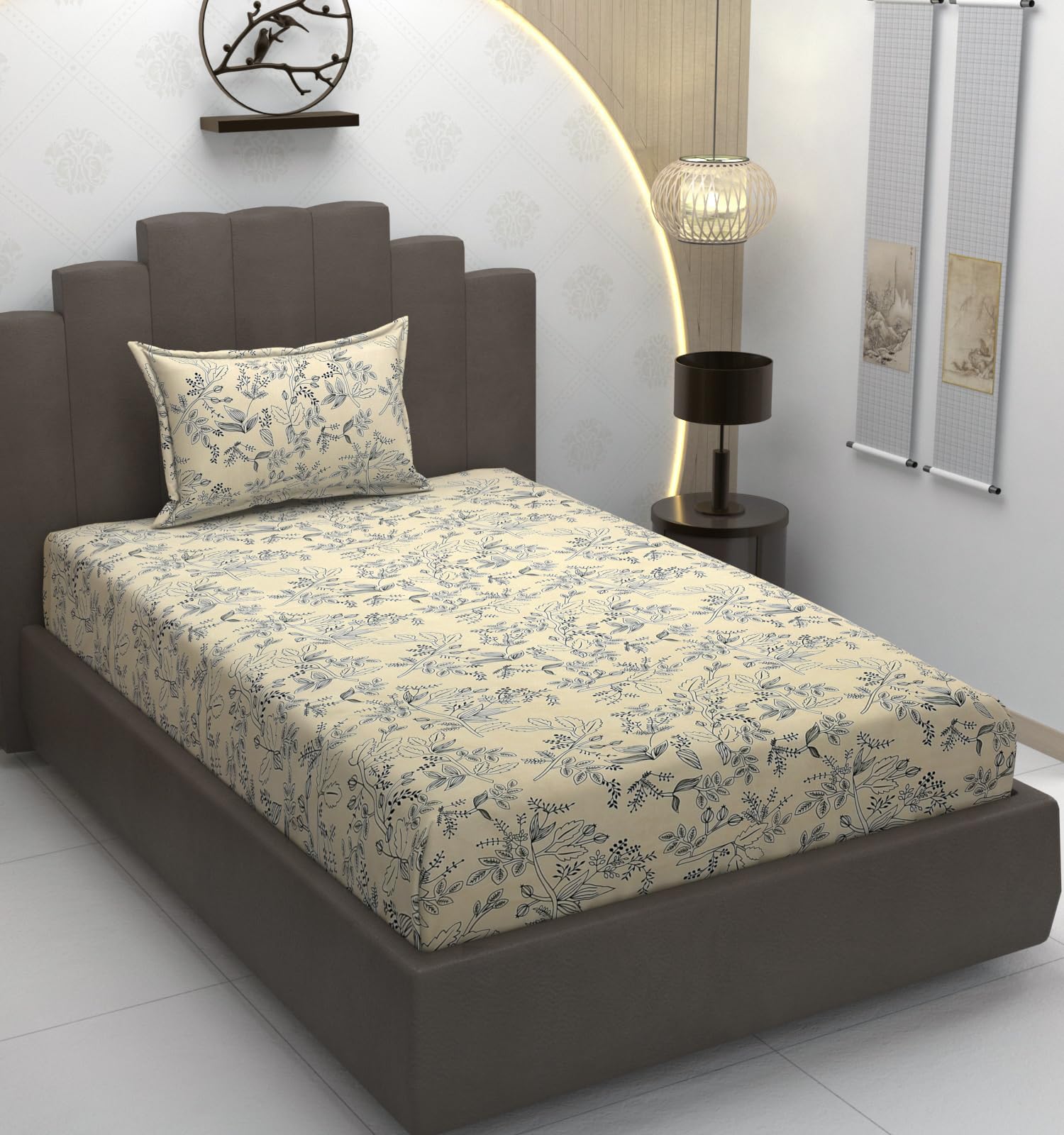 TIB Glace Cotton Elastic Fitted Bedsheets Single Bed 36x78x8 Inches with 1 Pillow Covers, 210TC (Cream Flower, Single)-image-40