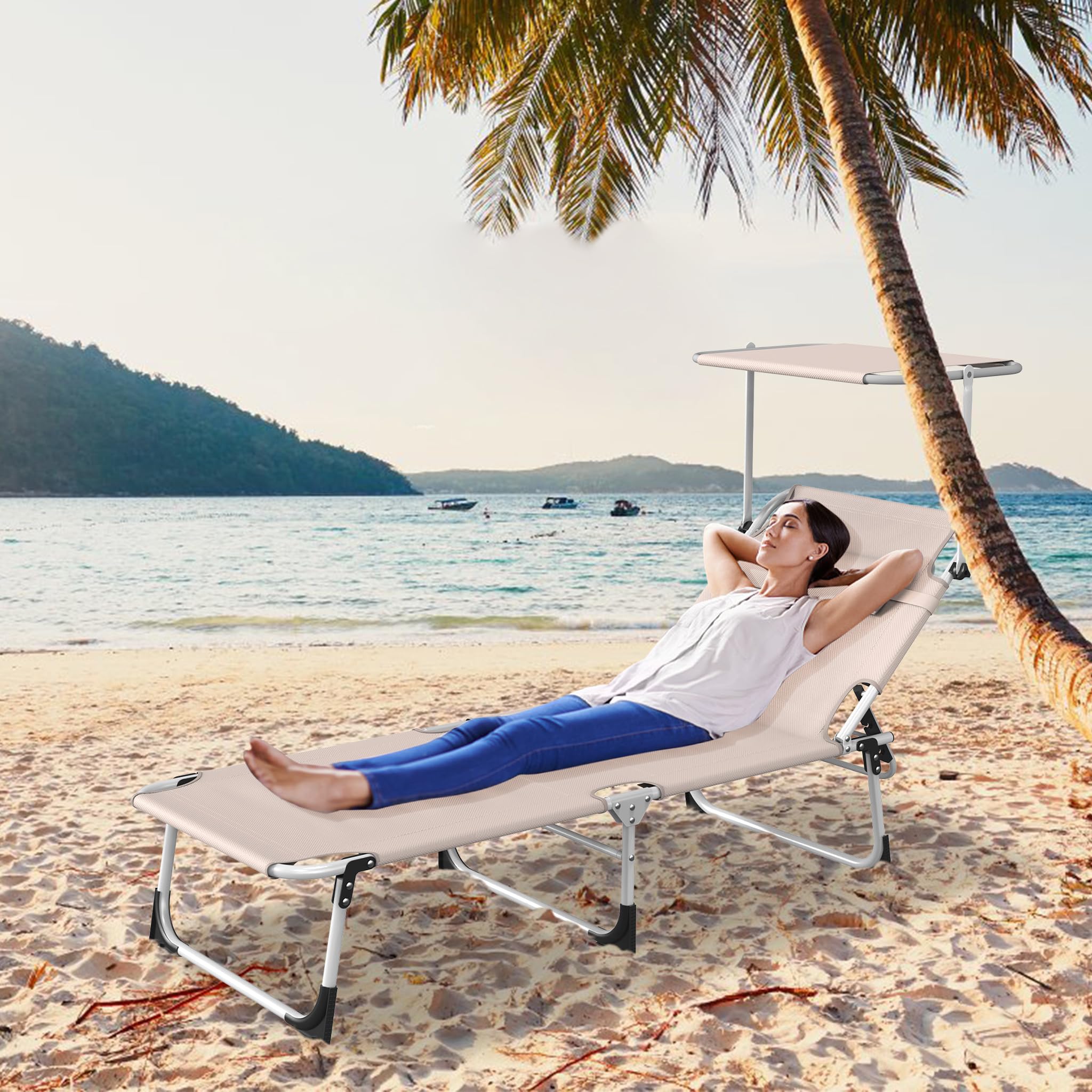 YRHome Leżak ogrodowy z dachem, leżak ogrodowy z poduszką pod głowę, składane oparcie, ochrona przed słońcem do 100 kg, na plażę, kemping, balkon, taras, khaki