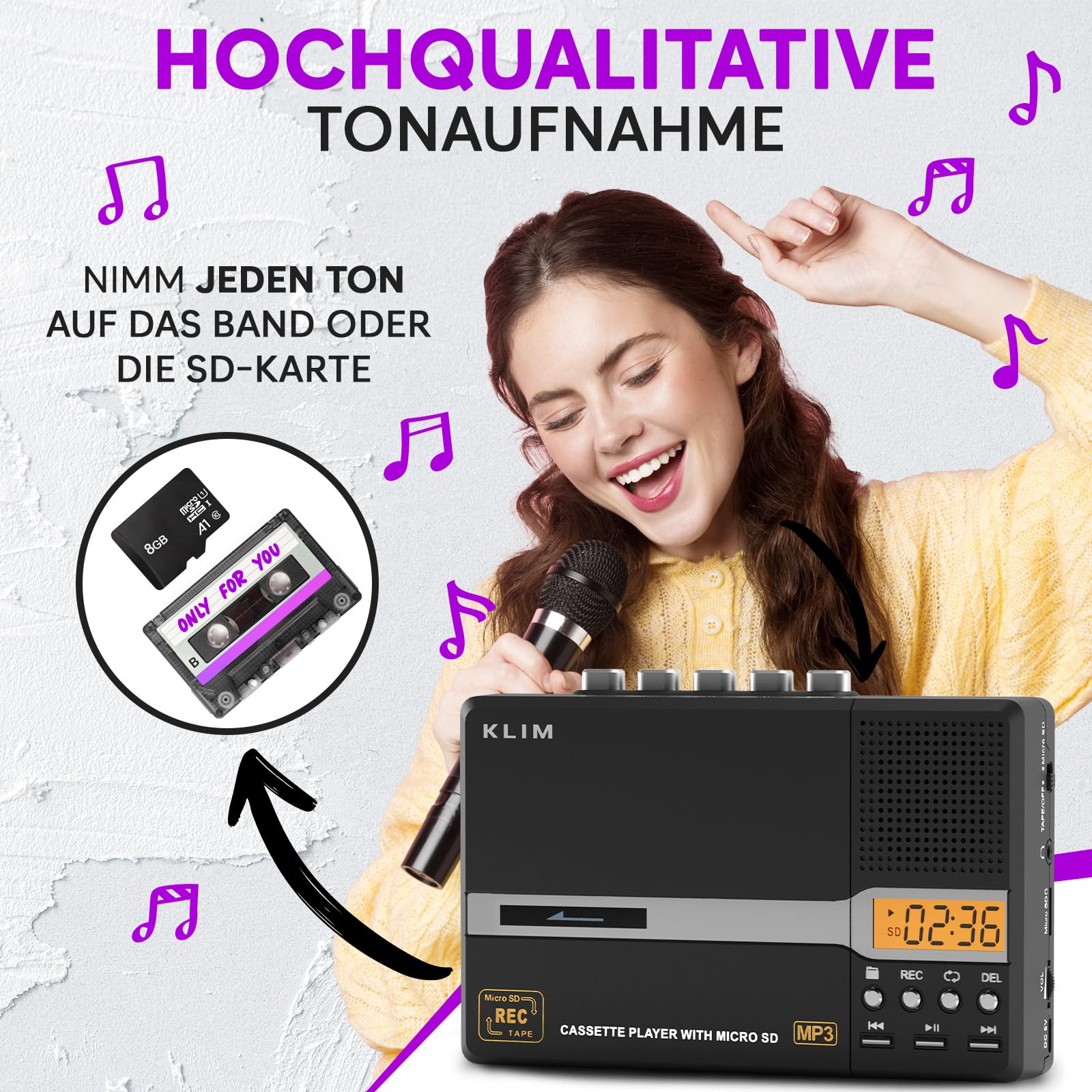 KLIM K10 Tragbare Kassettenspieler & Kassettenrecorder, Cassette Player & Kassette zu MP3 Konverter + Eingebautes Mikrofon & Lautsprecher + USB PC Transfer + Batterien/USB + 8GB SD Karte + Kopfhörer