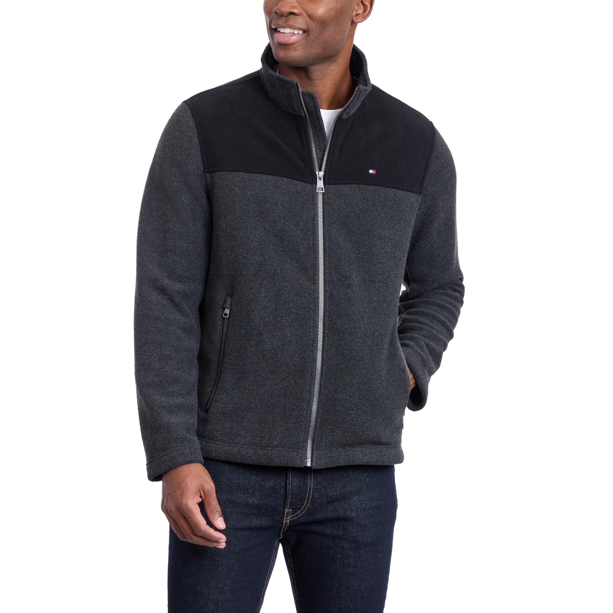 Tommy Hilfiger Men's Black/Charcoal Classic Zip Front Polar Fleece Jacket, 3XL
