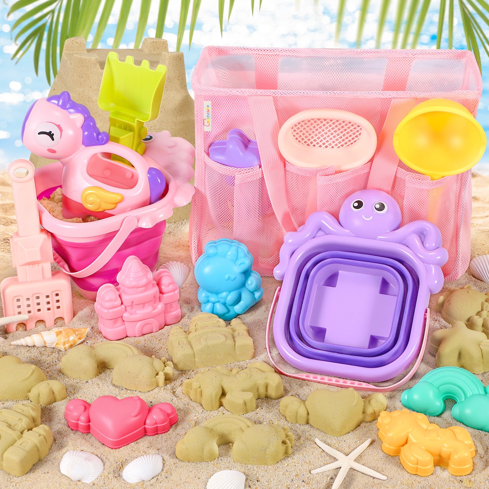 CatchCute Unicorn Collapsible Beach Toys,Sand Toys Set with Animal Foldable Buckets,Shovels,Sifter,Sand Molds,Castle Building Kit & Mesh Storage Bag,Beach Travel Essentials for Kids Toddlers - 2