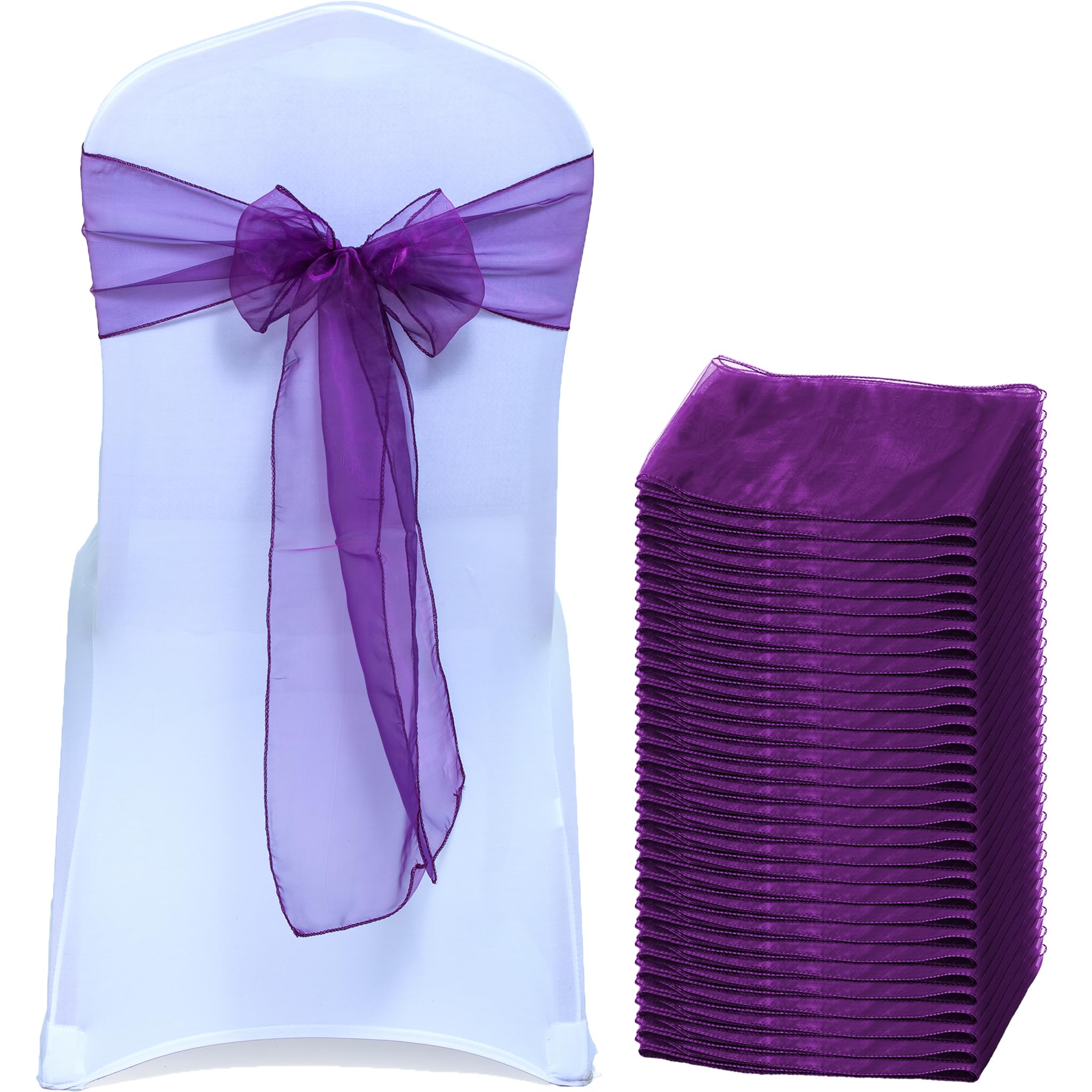 EDecor Pack of 25 Organza Chair Sashes for Wedding & Party Decorations – Reusable Sheer Chair Bows Tie Back for Banquet Chairs, Bridal Shower, Birthday, Reception Event Styling Décor - Dark Purple