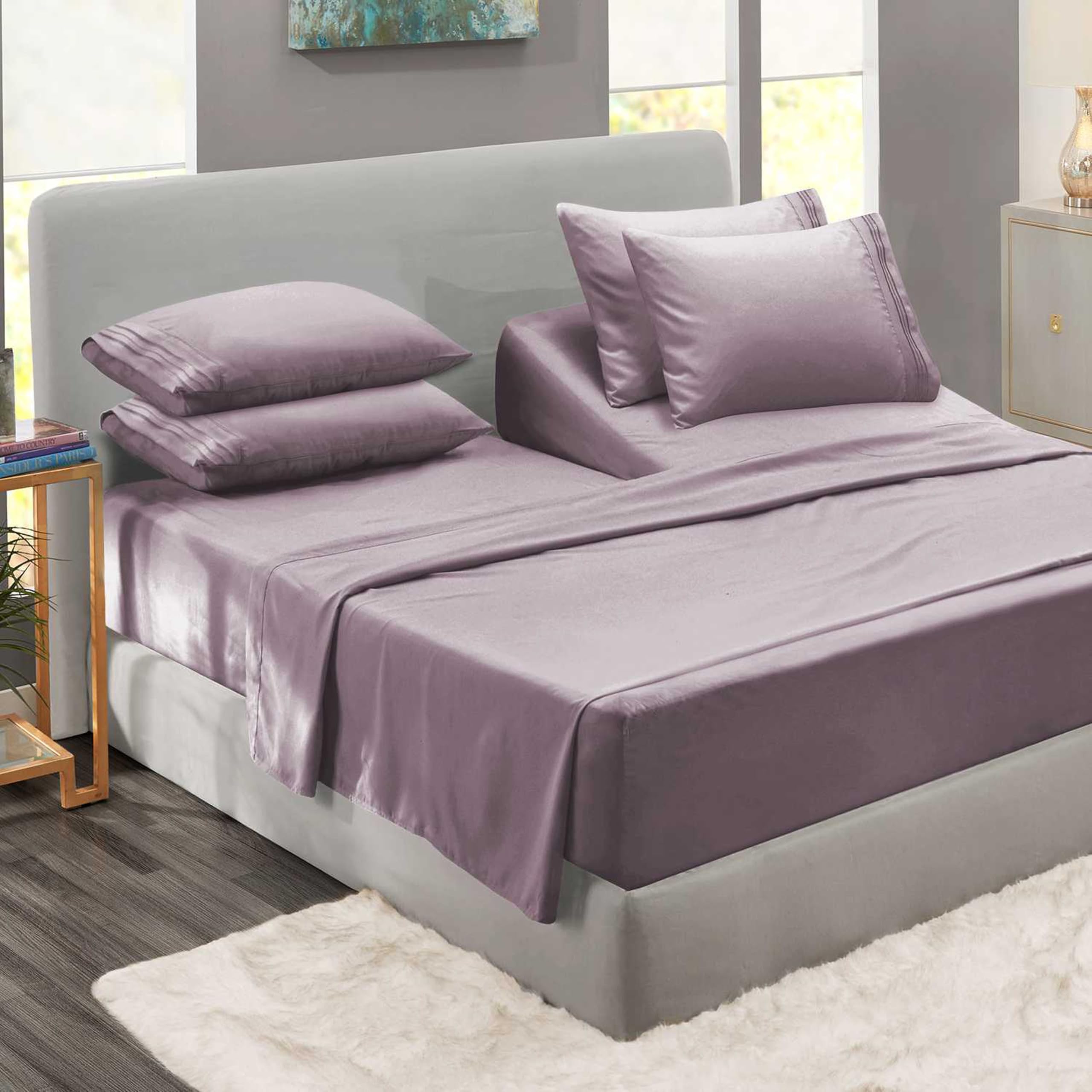 Clara Clark Flex Top King Sheets - Hotel Luxury 6 Piece Bed Sheets for Top Split King Bed - Soft Bedding Sheets & Pillowcases, Head Split King Size. Dusty Purple Dusty Purple Flex Top King