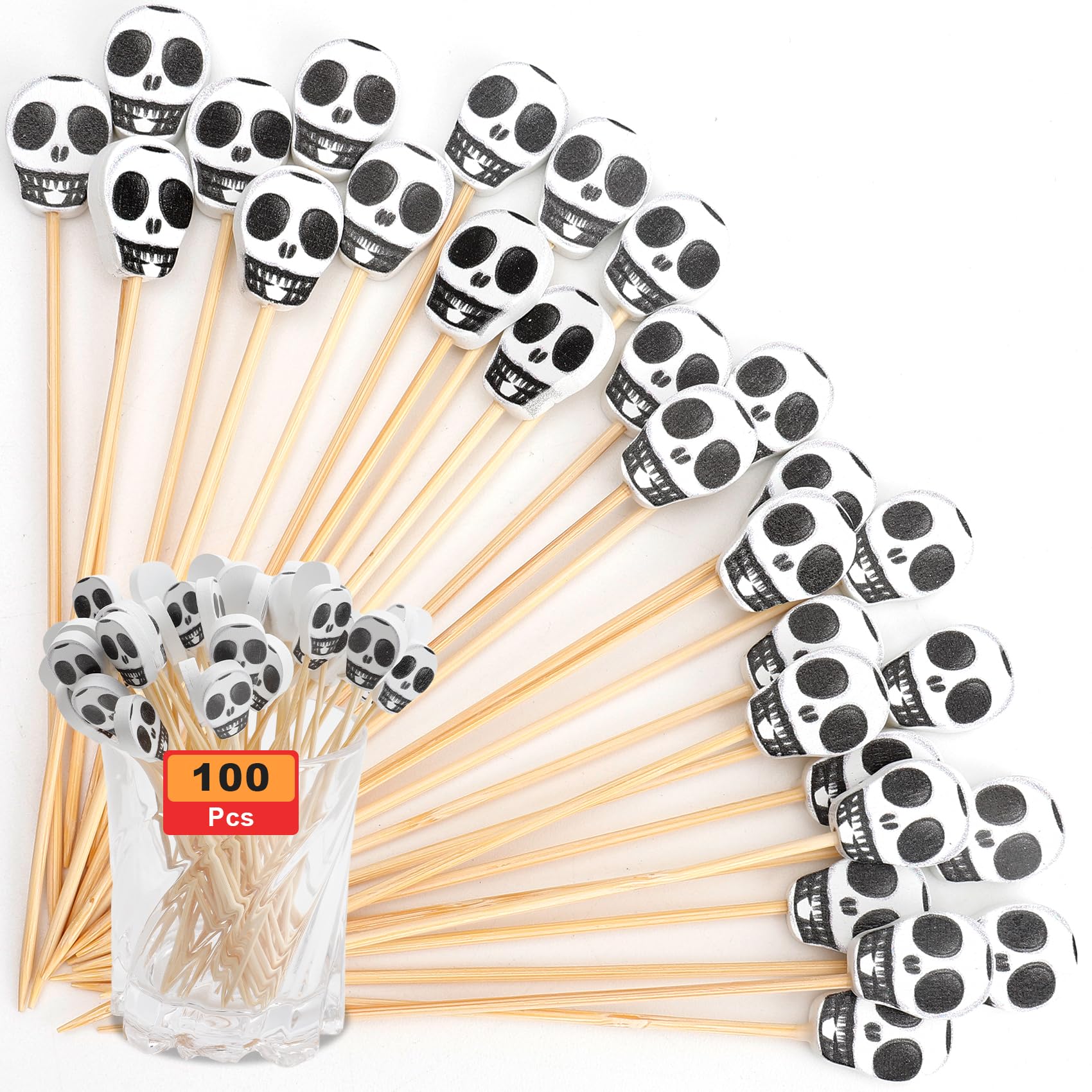 Cocktail Picks 100PCS 4.7 Inch Halloween Toothpicks for Appetizers Skull Picks for Drinks Fruit Cupcake Toppers Halloween Party Decorations Supplies Charcuterie Boards Accessories Kabob Skewers