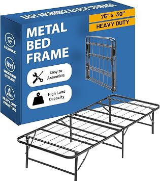 Nutan, 14-Inch Foldable Metal Platform Bed Frame with Tool Free Setup, Sturdy Steel, No Box Spring Needed, 75" x 30", Black