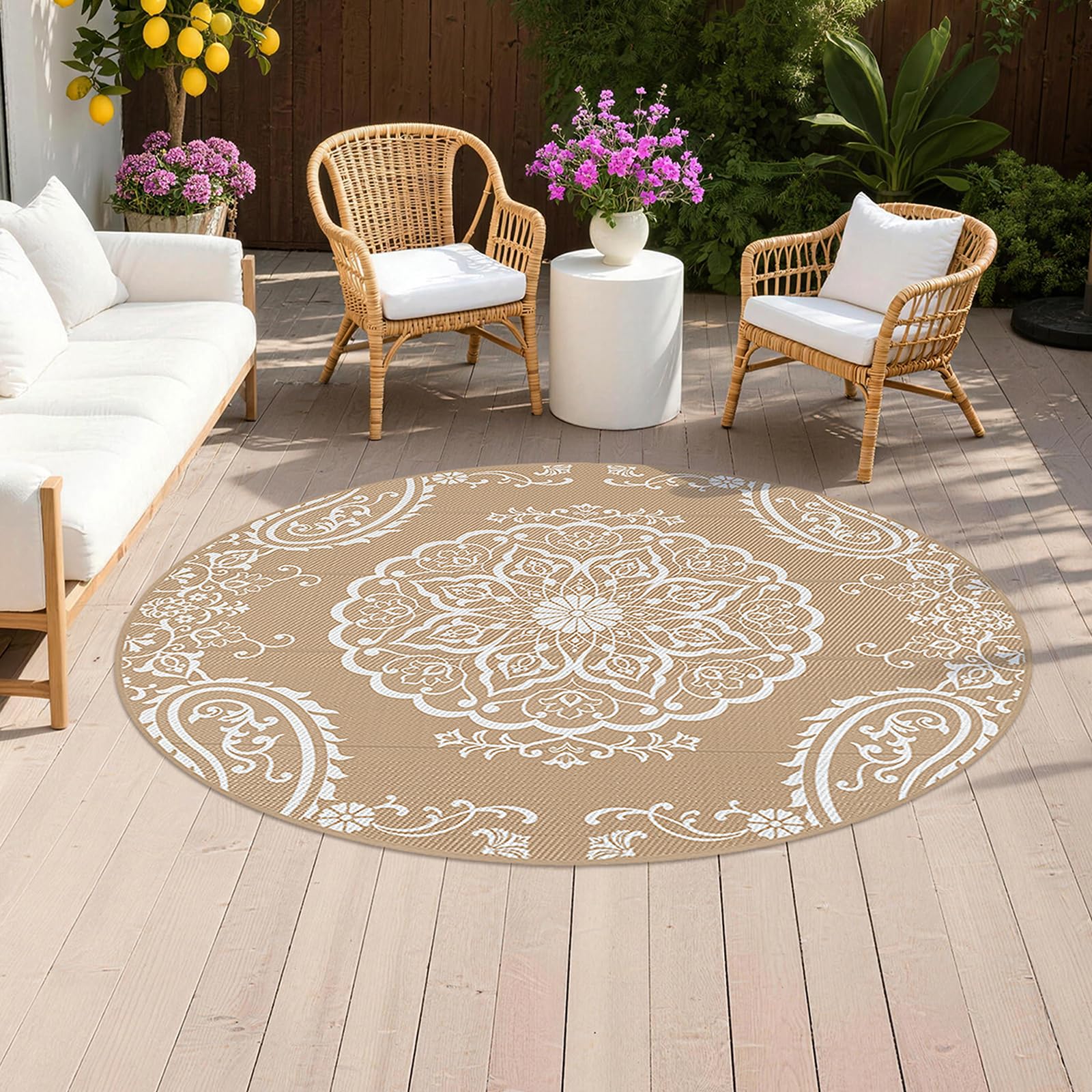 Pauwer Outdoor Rug 6ft, Waterproof Plastic Straw Camping Rug, Boho Brown