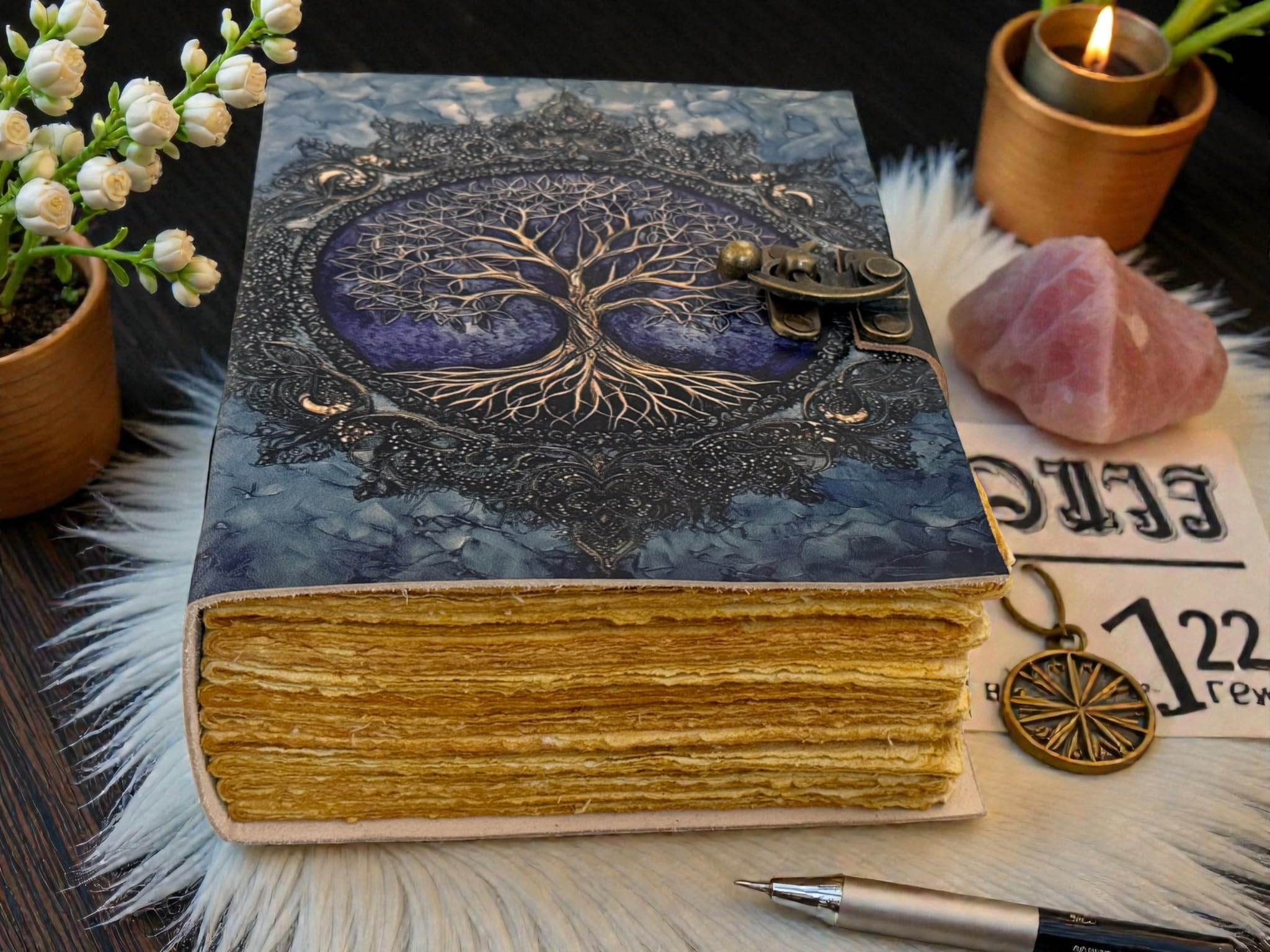 Diario de cuero del árbol de la vida, cuaderno de escritura vintage hecho a mano con papel antiguo con borde de cubierta, libro de sombras Grimoire, cuaderno de bocetos rústico para hombres y mujeres