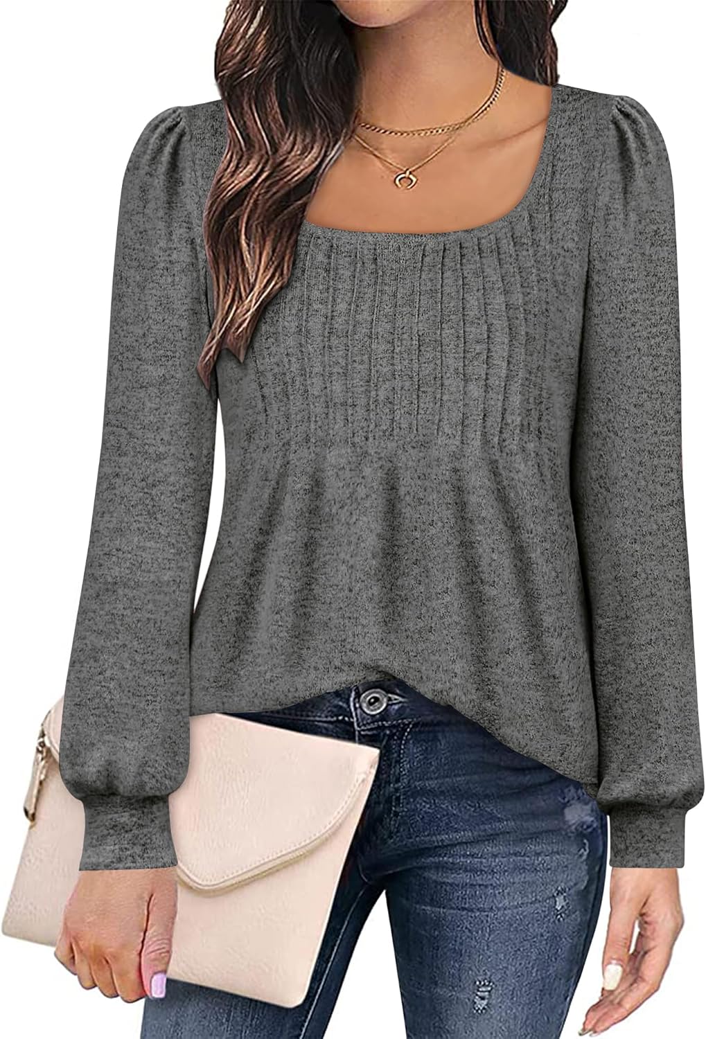 Zwurew Women's Puff Long Sleeve Shirts 2024 Trendy Scoop Neck Loose Fit Blouses Pleated Flowy Tunic Tops S-2XL - Image 2