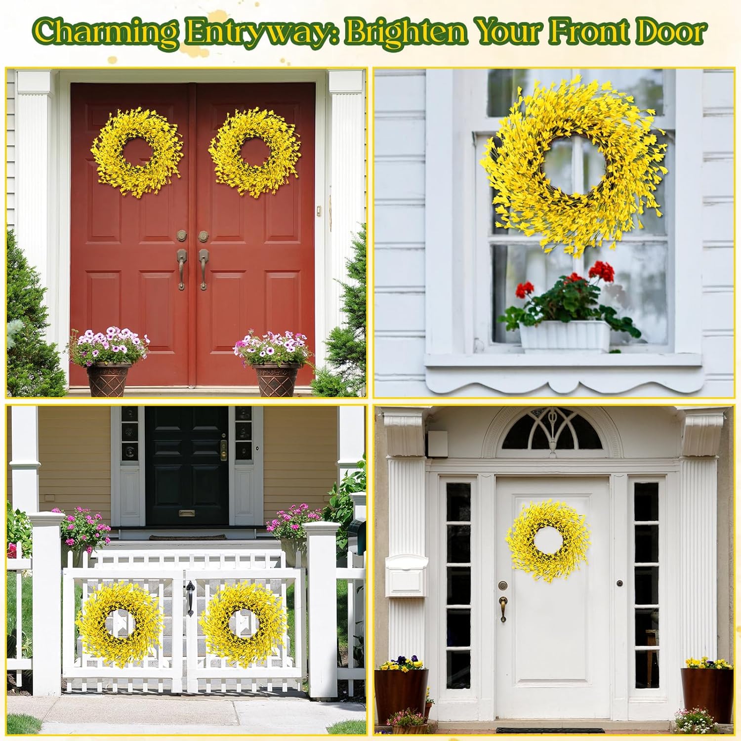 XunYee 4 Pcs 14 Inch Forsythia Wreath for Front Door Artificial Yellow Spring Summer Wreath Farmhouse Rustic Porch Decor for Easter, Wedding and Home Wall Decor