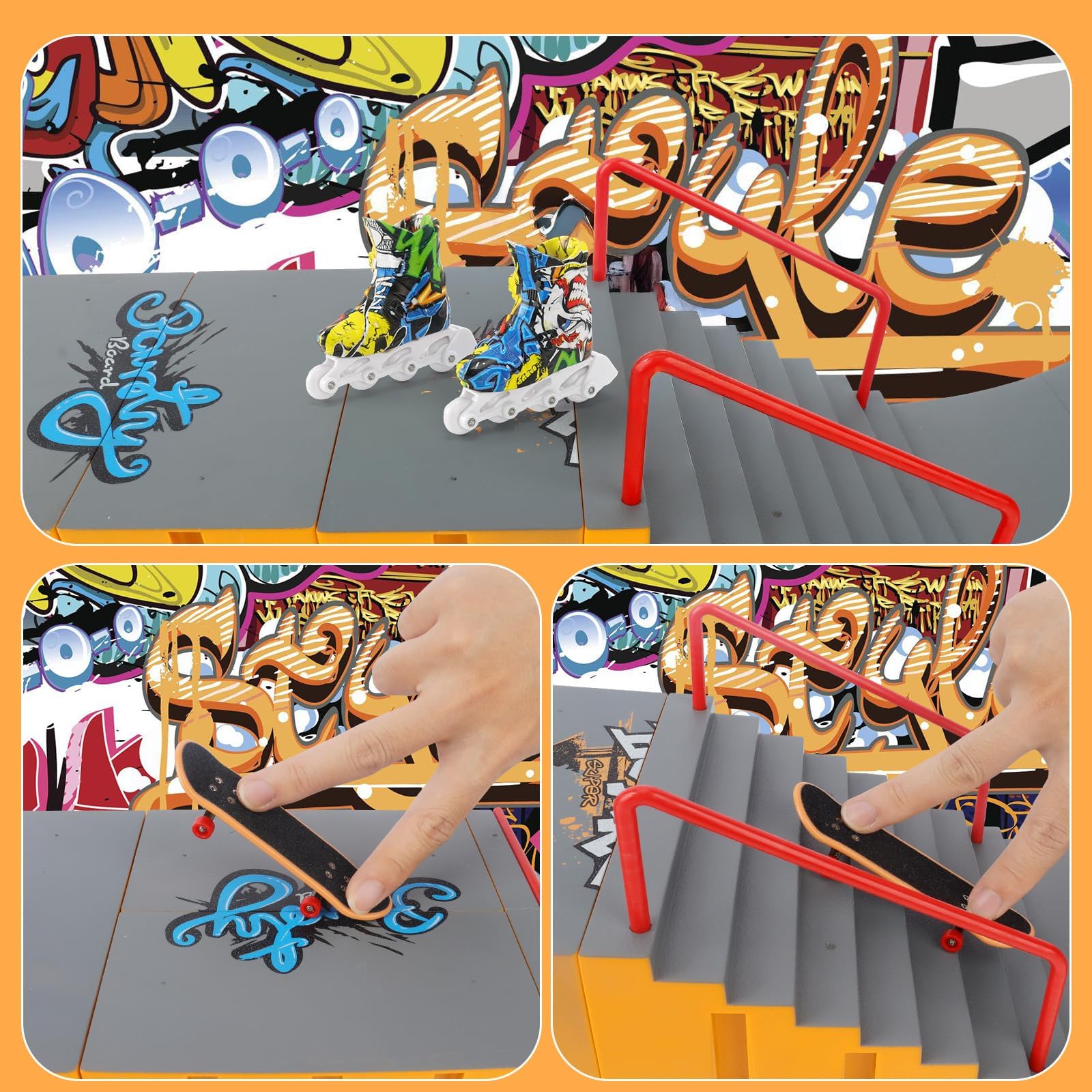 Tlater Finger Skateboard Park Kit Mini Finger Skateboard Rampa Kit DIY Montaje Diapasón Patineta Parque para Niños Regalo de Cumpleaños Amarillo 14 - en 1