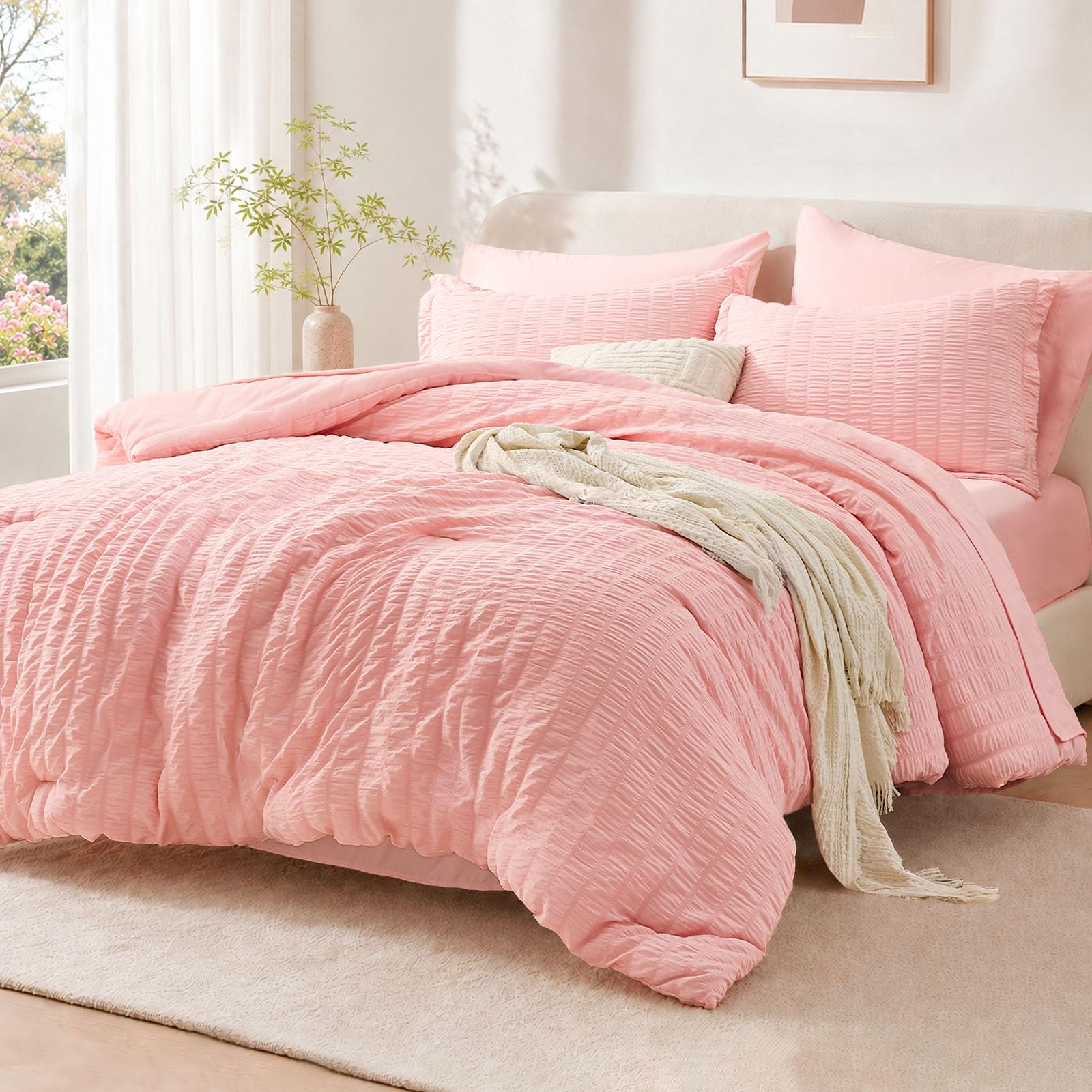 FUANNA Pink Seersucker Comforter Set