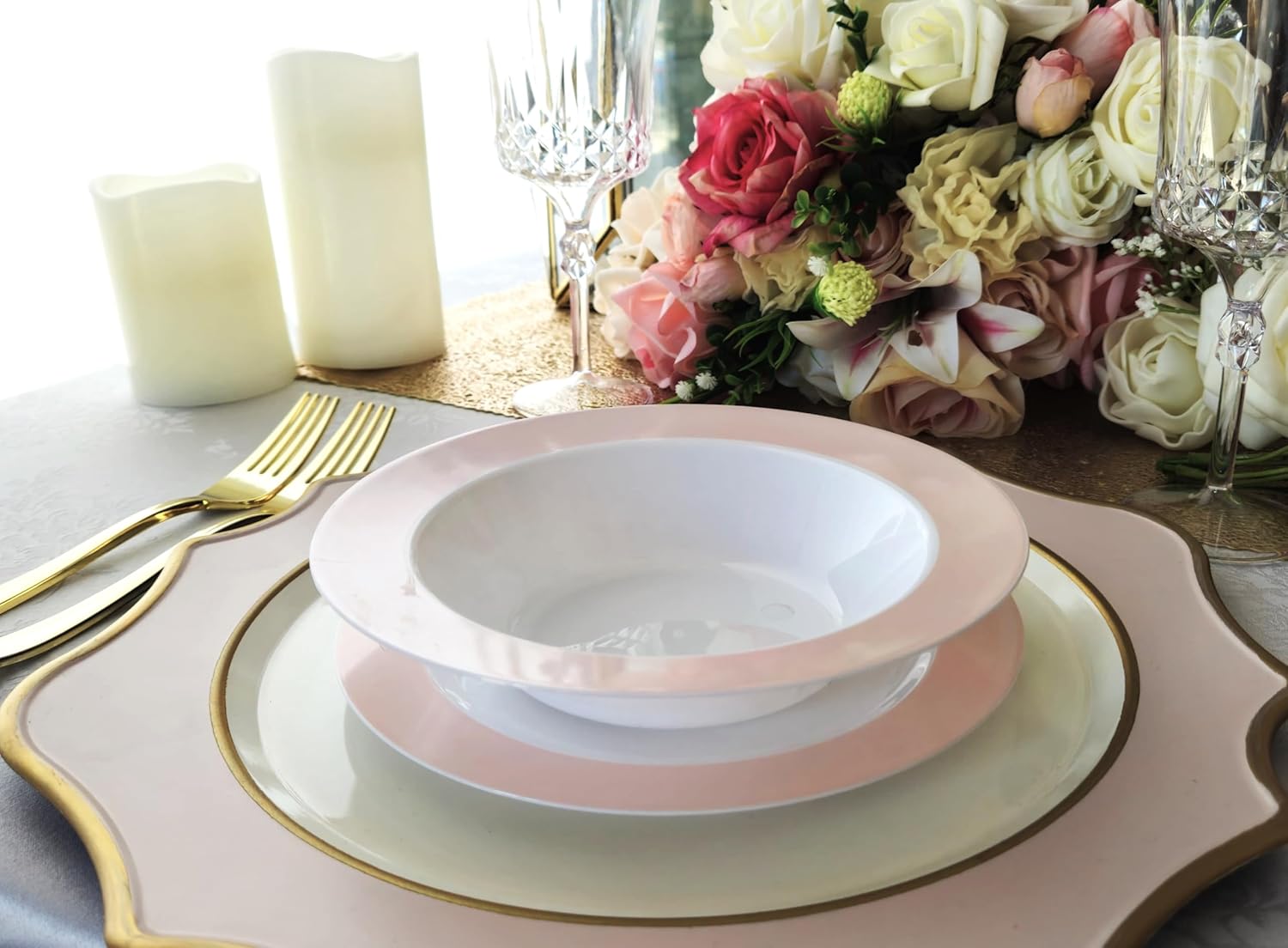 " OCCASIONS " 240 Plates Pack, Disposable Wedding Party Plastic Plates (10.5" Dinner Plate, Rio in White & Pearled Blush/Pink)
