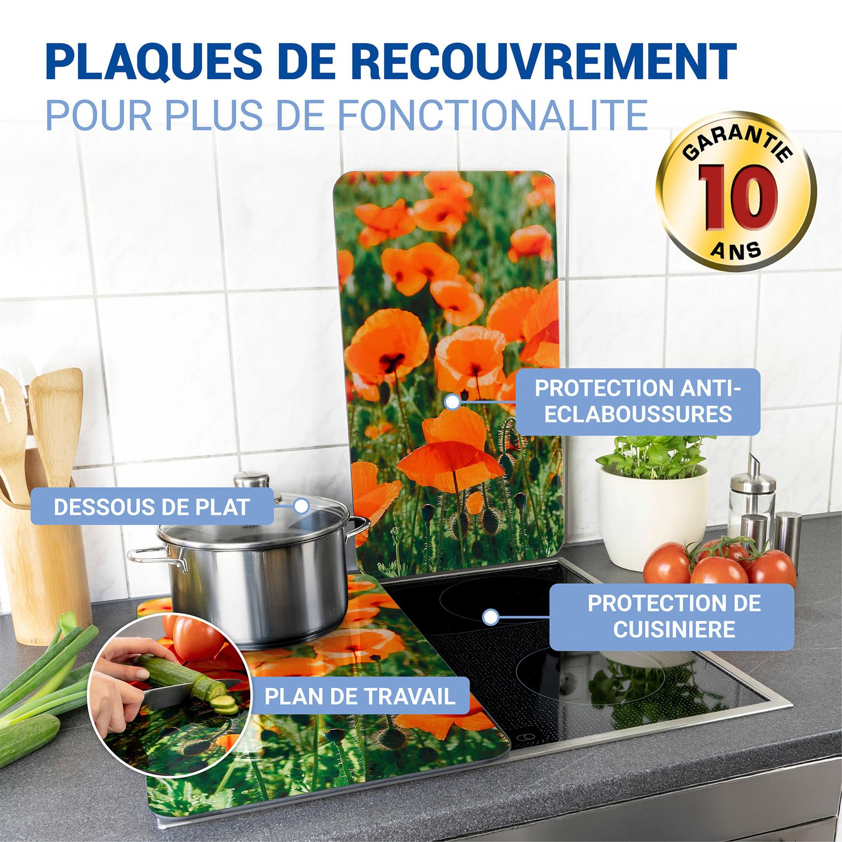 WENKO Plaque de Recouvrement Universelle Mod. Champs de Coquelicots, réglable en hauteur pour tout type de cuisinière, planche à découper et protection anti-éclaboussures, verre, 30 x 52 cm, 2 pièces