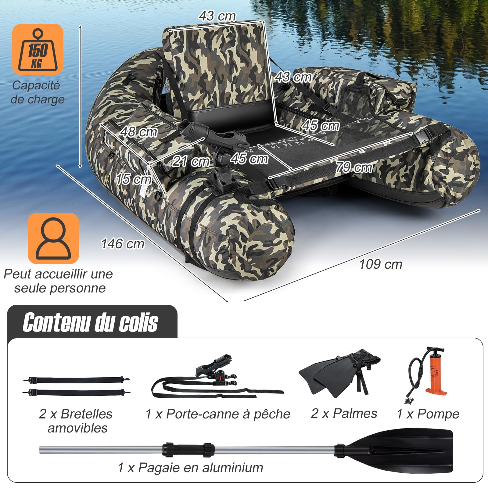 GYMAX Bateau de Pêche Gonflable en Forme de V avec Support de Canne à Pêche, Bretelles de Sac à Dos Ajustables, Poche de Rangement, Règle à Poisson, Bateau de Pêche Pliable avec Palmes, Rames, Pompe