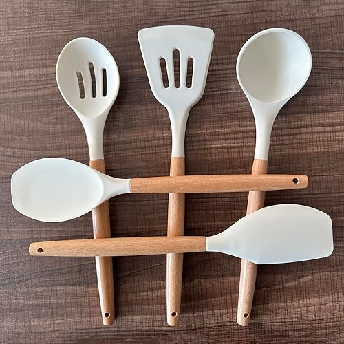 Miniatura 5 de Juego de 5 utensilios de cocina de silicona, juego de utensilios de cocina con mango de madera resistente al calor, antiadherente, espátula de