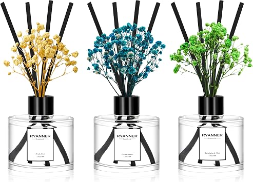 Reed Diffuser Set of 3 Pack,Fresh Clean Linen/Ocean Breeze/Eucalyptus & Mint Scented Oil Diffuser with Sticks1.7 fl oz Each Pack,Air Freshener for Bedroom Bathroom Office | Shelf Decor