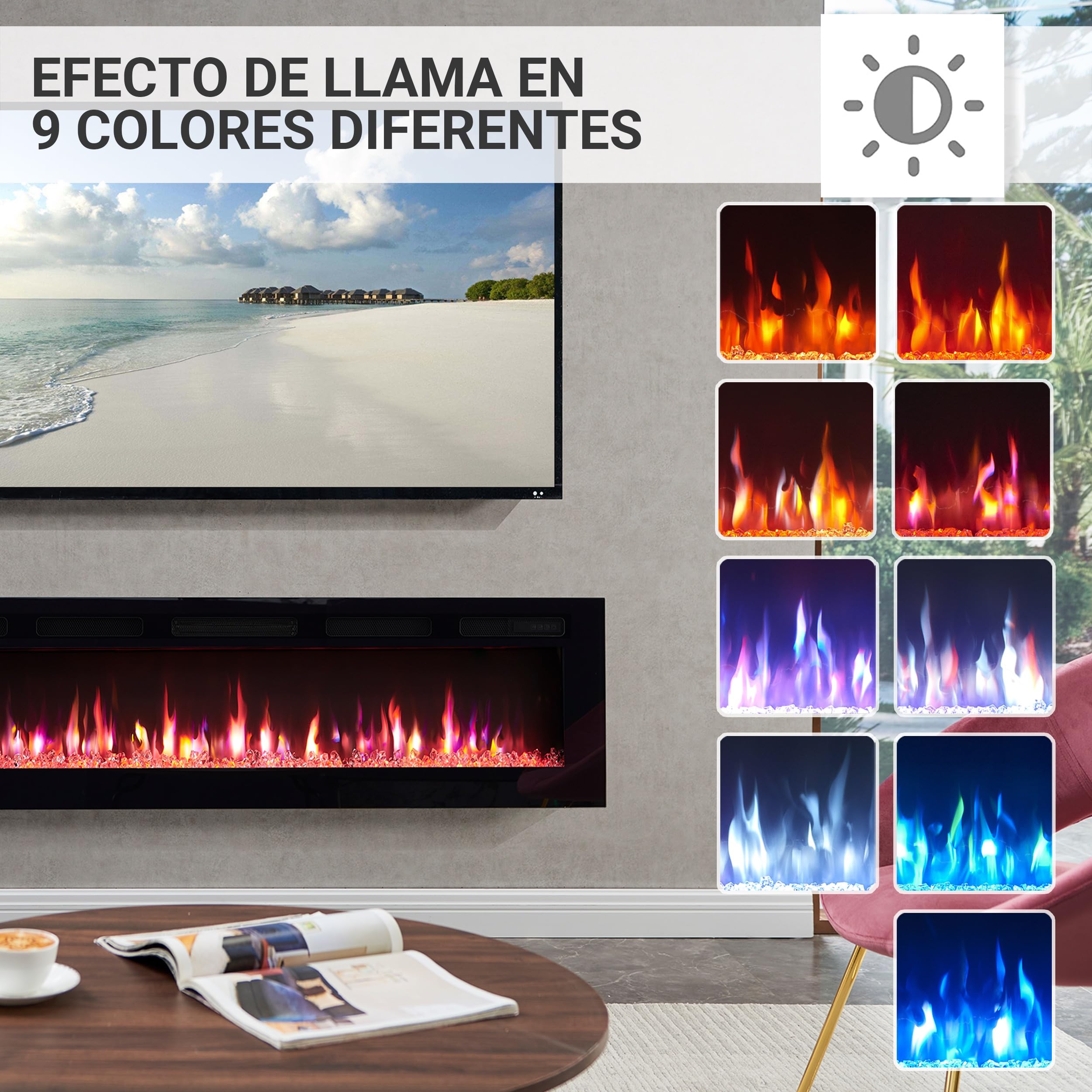 BALDERIA Leif 60 - Chimenea eléctrica empotrable, de Pared o de pie con LED