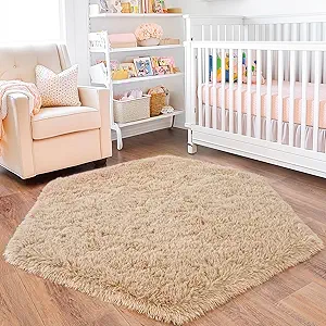 4x4.6 Feet Beige Hexagon Rugs for Princess Tent, Ultra Soft Fluffy Hexagon Area Rug for Bedroom, Cute Shag Rugs for Girls Room, Fuzzy Plush Carpet for Kids Room Tent Castle Home Decor