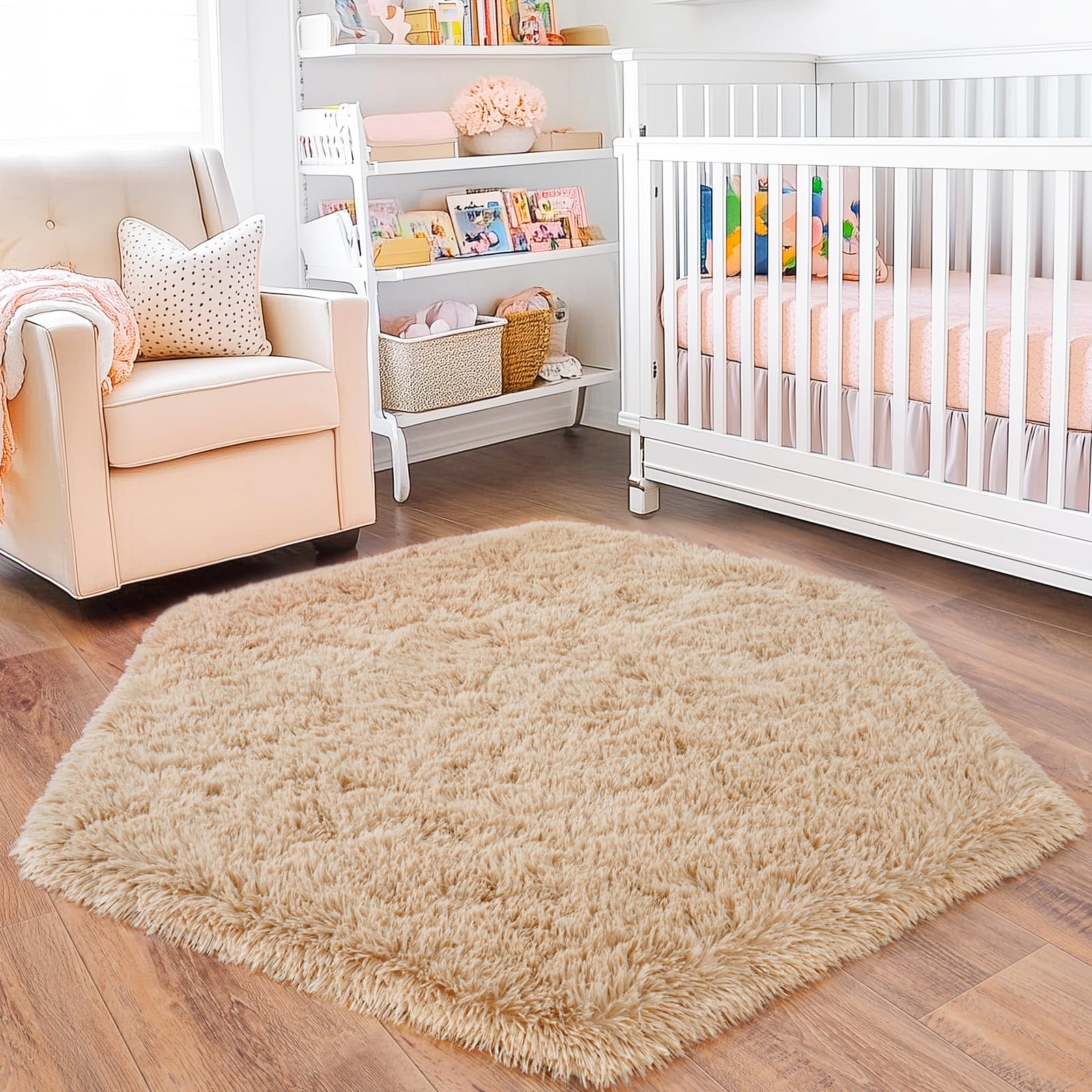 Quntue 4x4.6 Feet Beige Hexagon Rugs for Princess Tent, Ultra Soft Fluffy Hexagon Area Rug for Bedroom, Cute Shag Rugs for Girls Room, Fuzzy Plush Carpet for Kids Room Tent Castle Home Decor