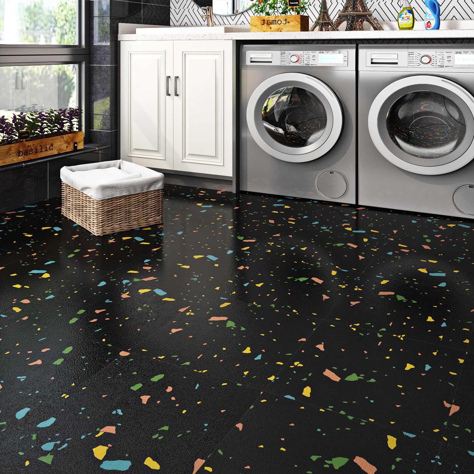 Livelynine PVC Bodenbelag Fliesenoptik Bunt 30x30CM Vinylboden Selbstklebend Badezimmer Schwarz Terrazzo Klebefliesen Boden Schwarz Granit 16-Fliesen PVC Fliesen Selbstklebend Küche Boden Schlafzimmer
