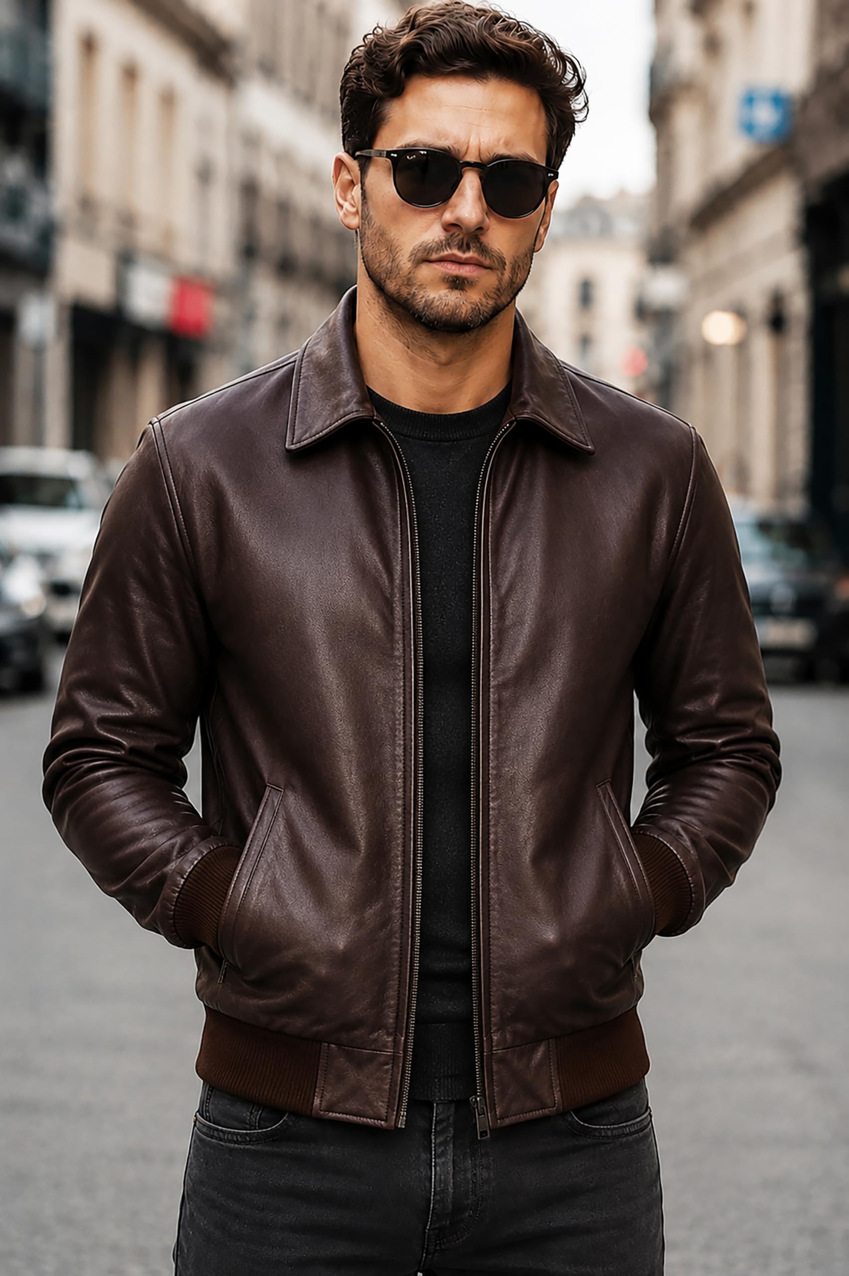 Fashion_First Chaqueta bomber de piel de cordero suave para hombre, chaqueta casual para motocicleta, fiestas al aire libre, color negro y marrón