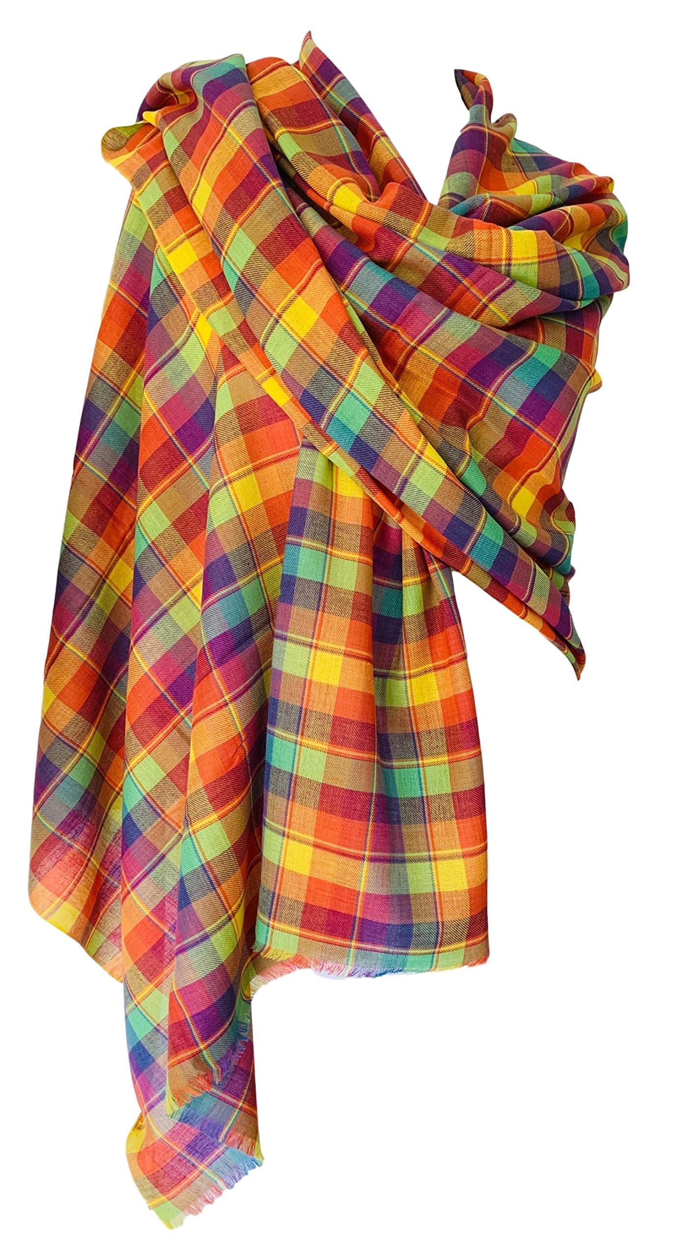 Purple Possum Women's Yellow, Orange, Green, Mustard Purple Possum® Tartan Shawl Yellow Orange Green Wrap Cotton Plaid Checked Pashmina Fair Trade Scarf Lightweight Shawl