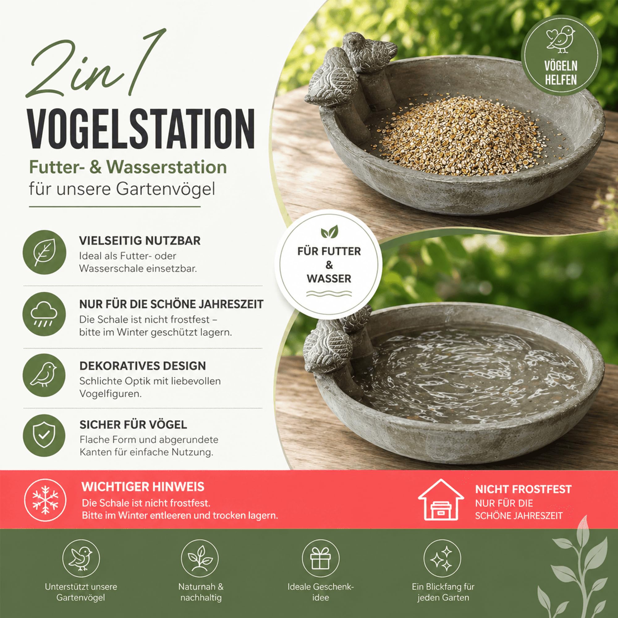 Vogeltränke Vogelbad Gartenvögel Wasserschale Vogeltränke Vogelbecken mit 2 Deko-Vögeln 26 cm rund für Balkon Terrasse Garten Dekoschale Wasserstelle für Wildvögel - 2 Stück