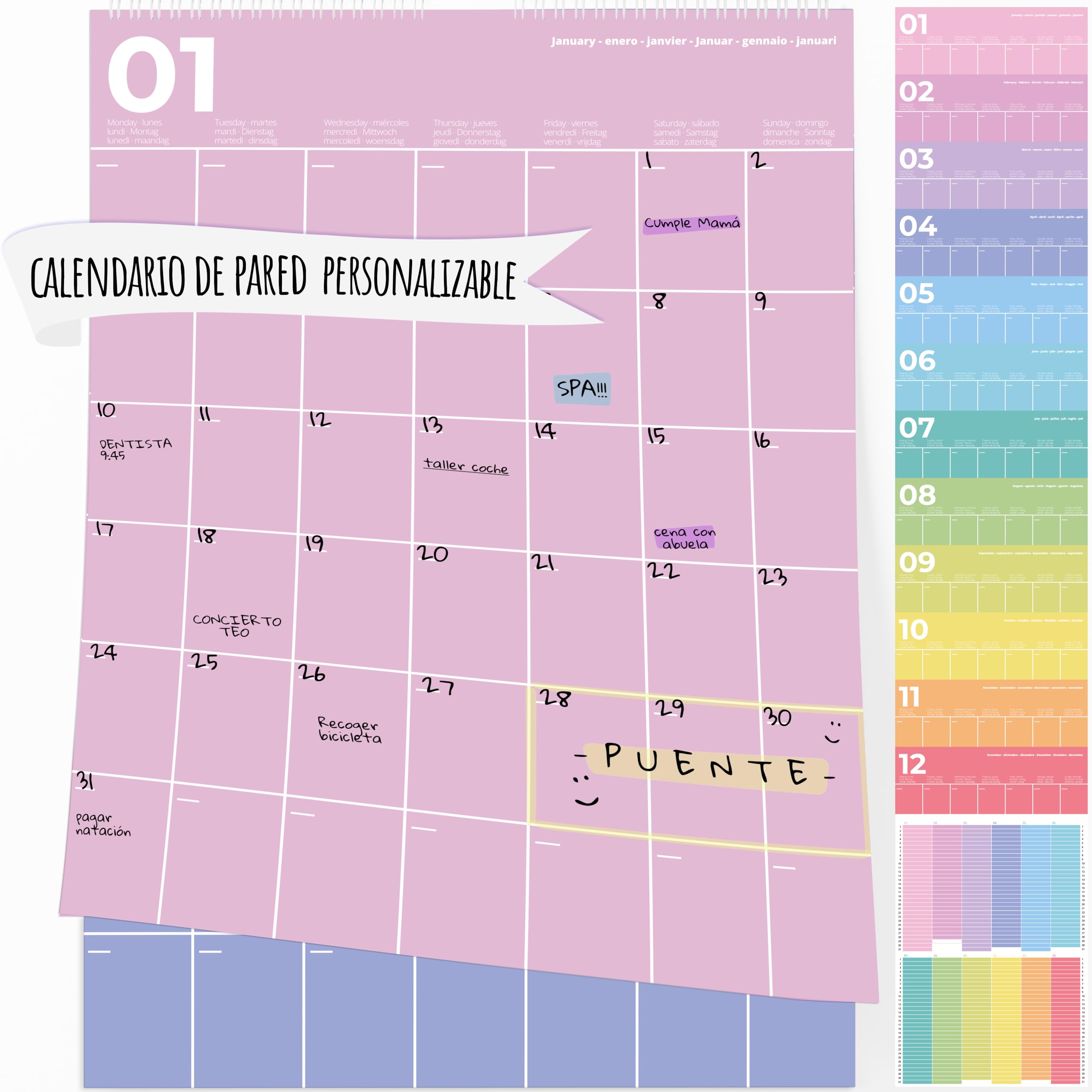 Planificador Mensual A3 - Días Personalizables, Amplios Espacios Para Anotaciones y Meses Llenos de Color. Organiza Tu Vida con Estilo con el Planificador Calendario de Pared!