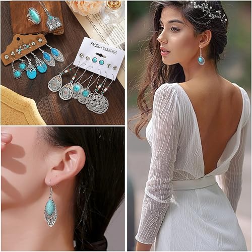 Miniatura 6 de IFKM Bohemian Jewelry Set With Turquoise Necklace, Dangle Earrings, Stackable Bangle Bracelets, Knuckle Rings For Women Vintage Western Boho