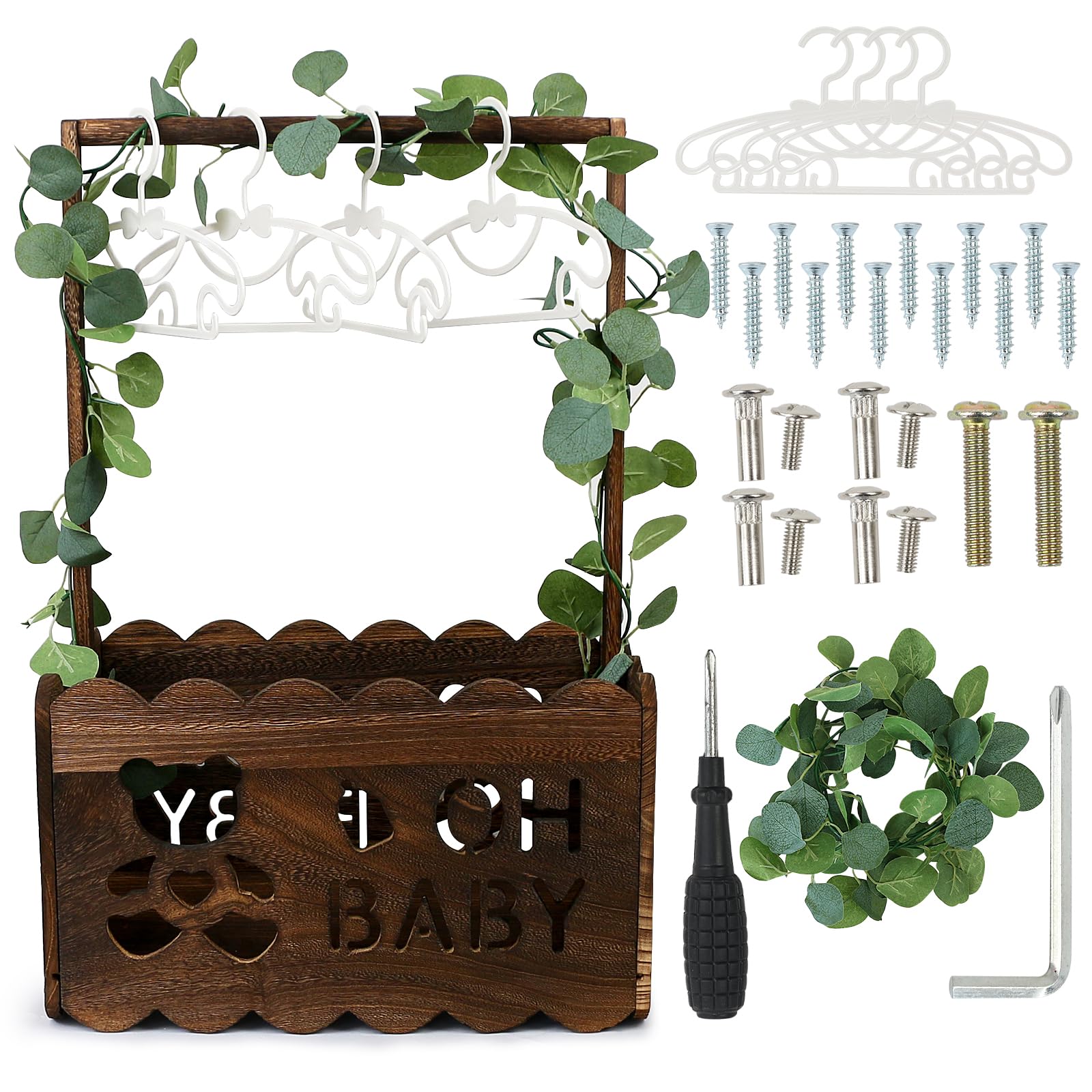 TKNOUS Wooden Baby Shower Crate Closet with Hangers, Baby Shower Gifts Basket with Handle Garland Storage Crate Hamper for Pregnant New Parents (Brown Color)