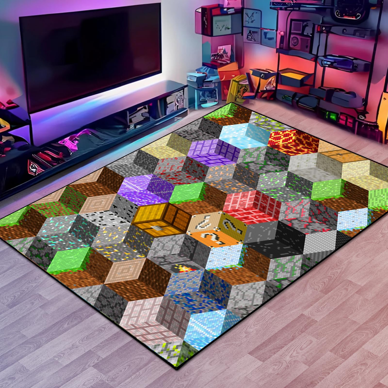 Block Game Rug Teen Boys Carpet with Pixel Games Element Decoration Mat, Cube Block Game Rugs for Boy’s Bedroom Living Room Playroom, Non-Slip