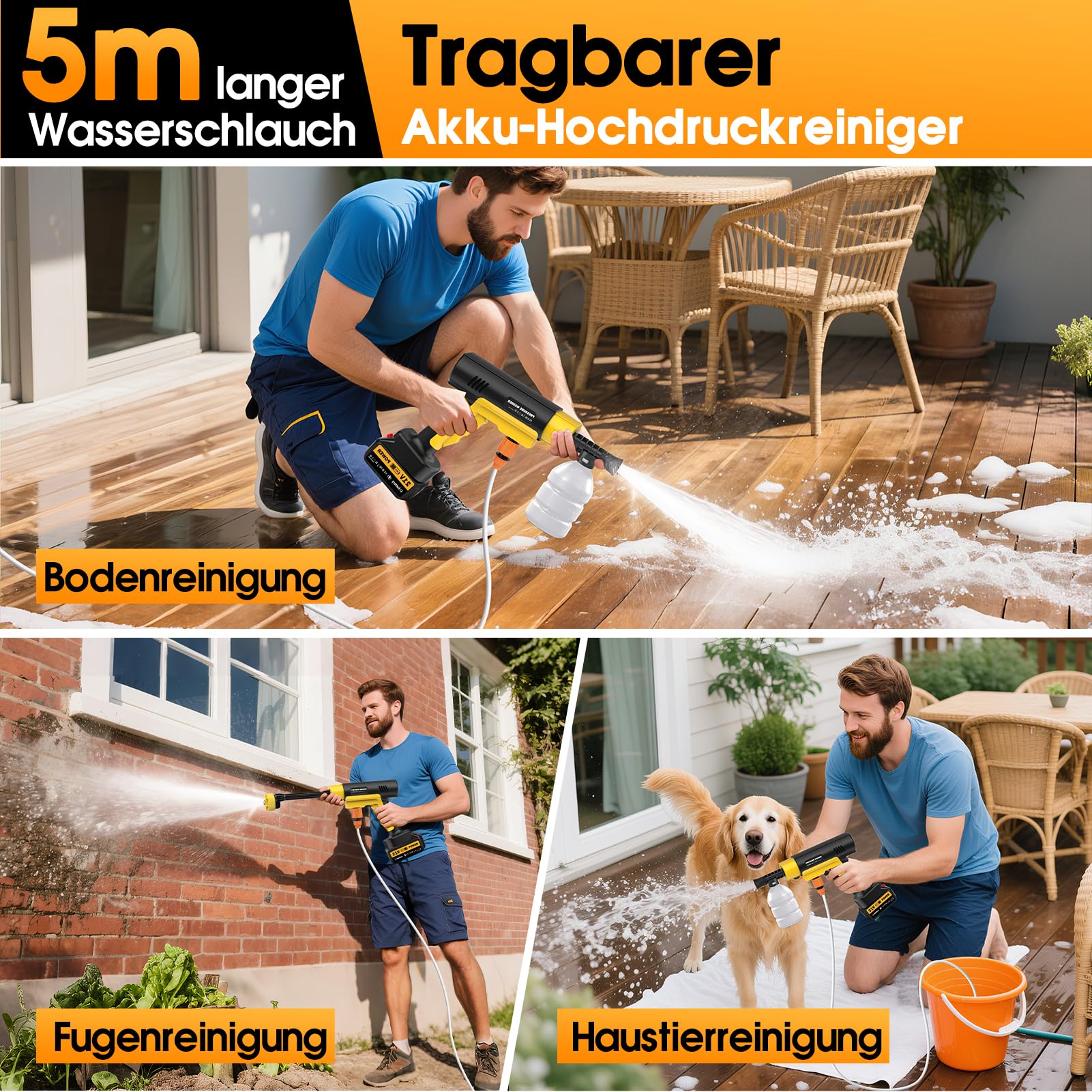 21V Hidrolimpiadora Bateria, 130Bar/1880PSI, 8L/min, 6 en 1 Boquilla con 5M Manguera, 2×3.0Ah Baterías, Alcance 12m para Coche Patio Jardín Limpieza Suelos (con Caja de Herramientas)