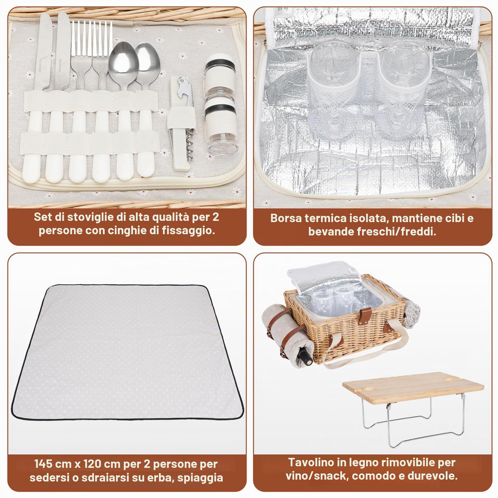 Set cestino da picnic con mini tavolo pieghevole e set di posate, cestino da picnic per 2 persone con borse termiche, cestino intrecciato con manico, cestino da picnic in vimini set regalo per picnic