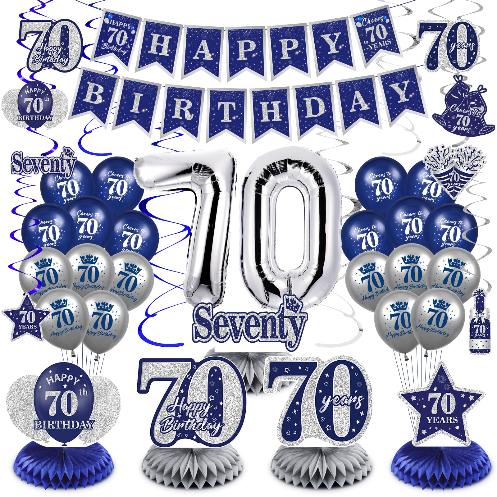 Blue 70th Birthday Decorations for Men Women, 47Pcs Navy Blue Silver Happy 70th Birthday Banner Balloons Honeycomb Centerpiece Hanging Swirls Kit for Cheer to 70 Years Birthday Party Supplies Decor