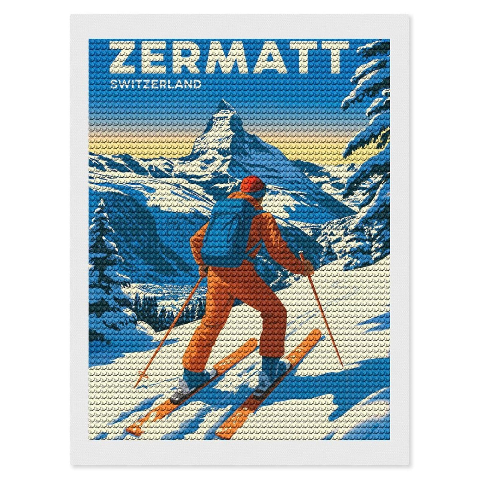 Junmoney Zermatt Switzerland Skiing Vintage DIY Diamond Art Canvas Kit 12"x16", Winter Craft, Mindful Craft Project, Aesthetic Room Decor, Decor Project