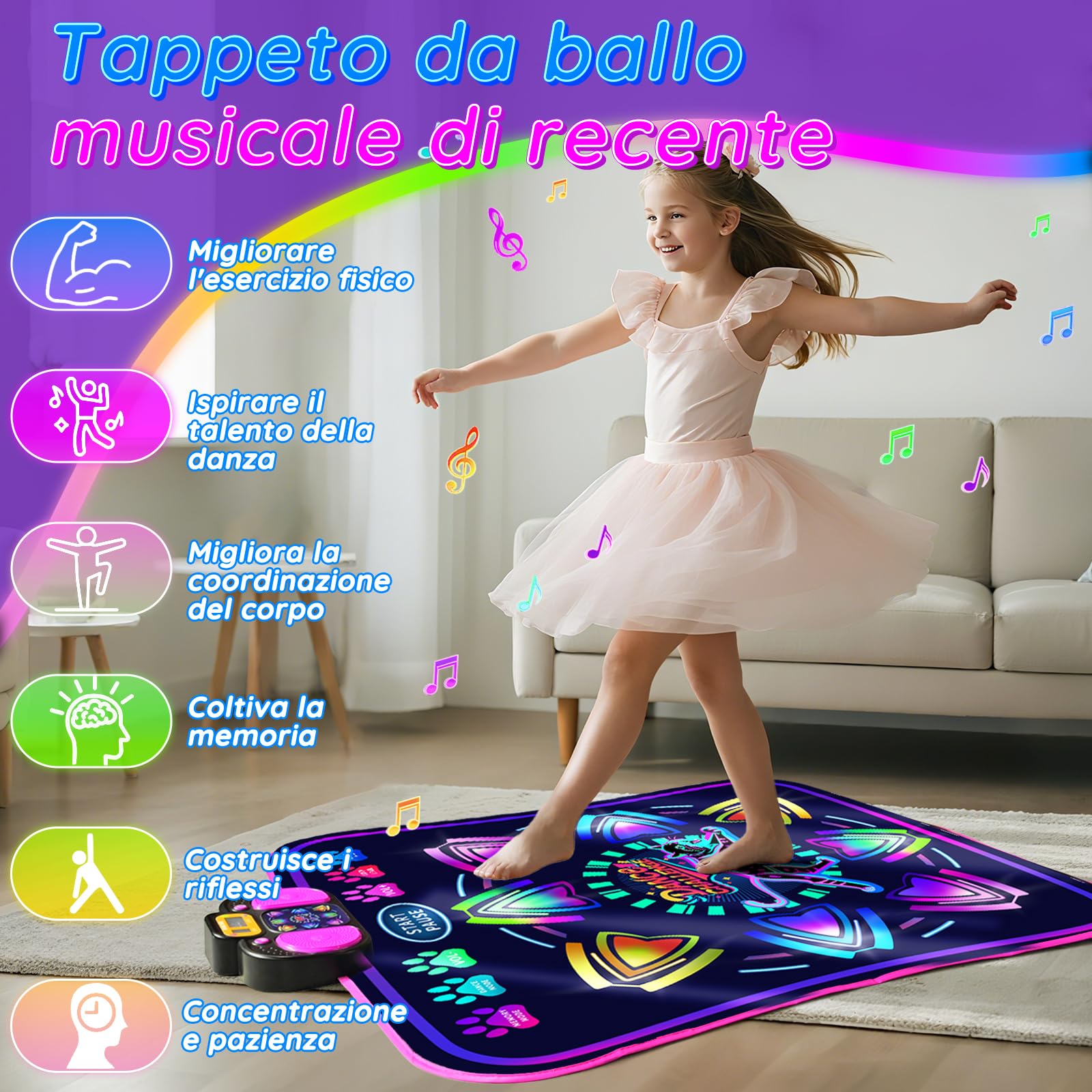 MOMUSE Tappetino da Ballo per Bambini, 2 modalità, Tappeto Musicale | Display Illuminato e 9 Livelli, Volume a 5 Livelli, Giocattolo Regali Compleanno per Ragazzi Ragazze 3 4 5 6 7 8
