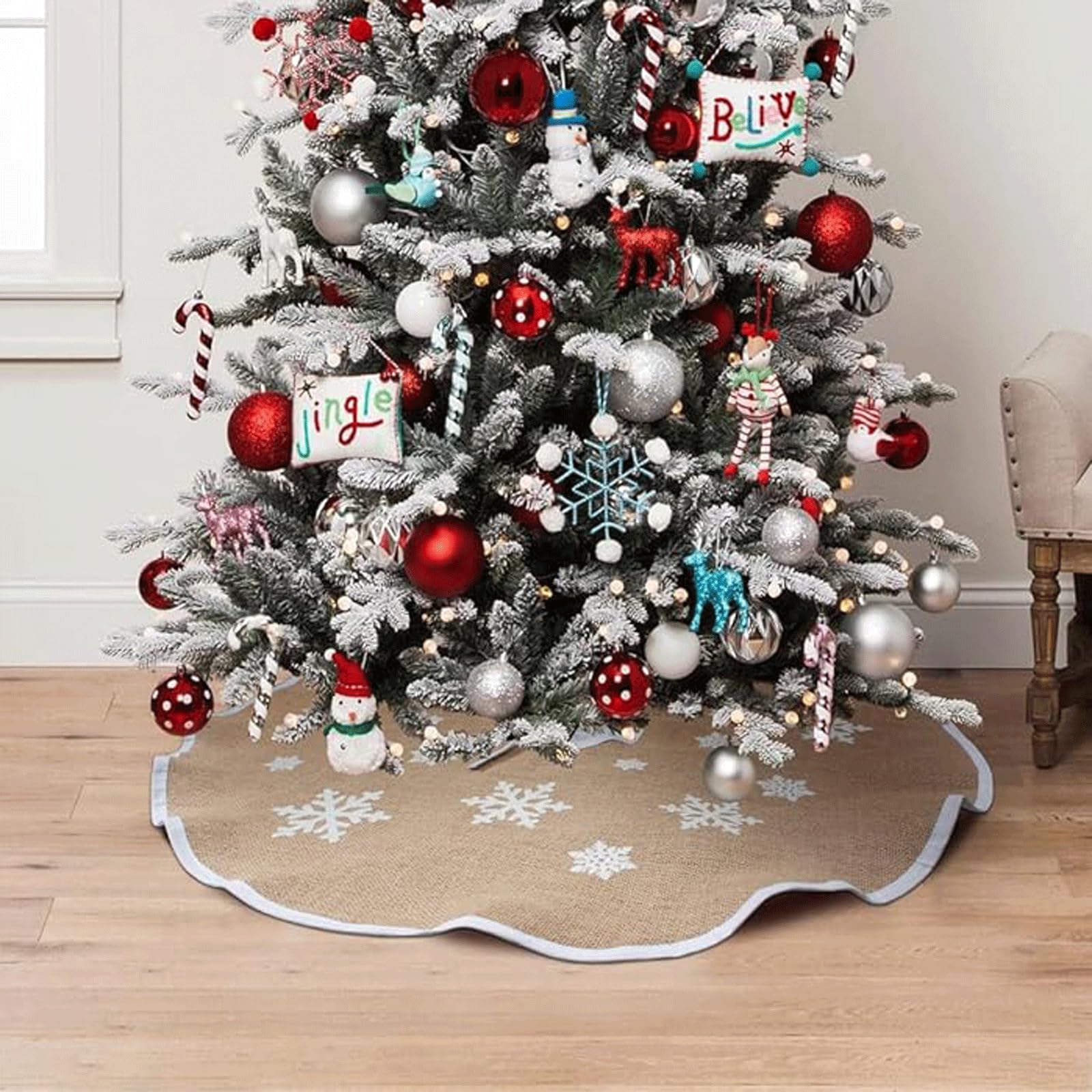 Gonna Albero di Natale Gonna per Albero di Natale Beige con Fiocco Di Neve Bianco Stampato Tappeto Rotondo per Albero di Natale Gonna per Albero di Natale 120 cm