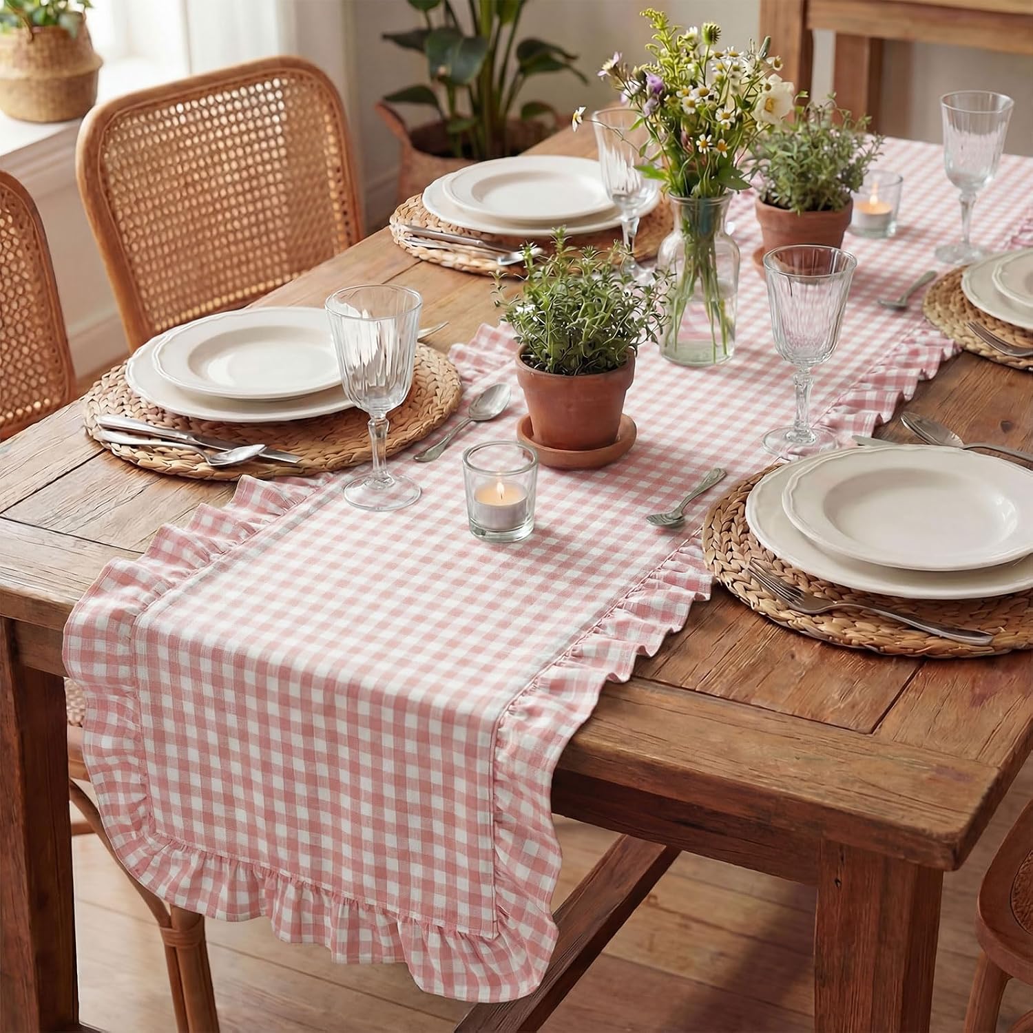 HunnmingRe 1 Pcs Light Pink Plaid Gingham Ruffle Table Runner 72 x 13.8'' Farmhouse Table Runner 100% Cotton Scalloped Long Dresser Scarves for Mothers Day, Dining Room, Wedding, Rustic Home Decor