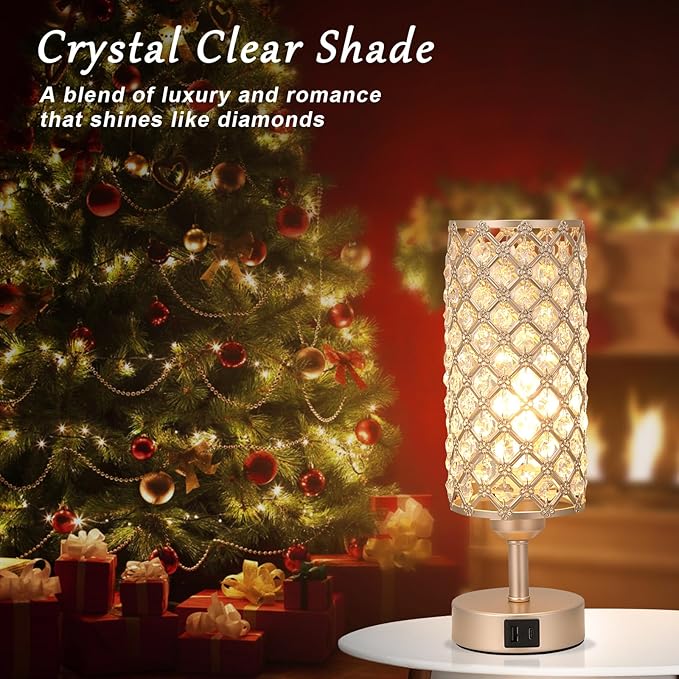 Hong-in Crystal Table Lamp with USB C+A Ports, 3 Way Dimmable Touch Lamp with Crystal Shade, Champagne Gold Bedside Nightstand Small Lamp for Living Room Bedroom Home Office photo 2