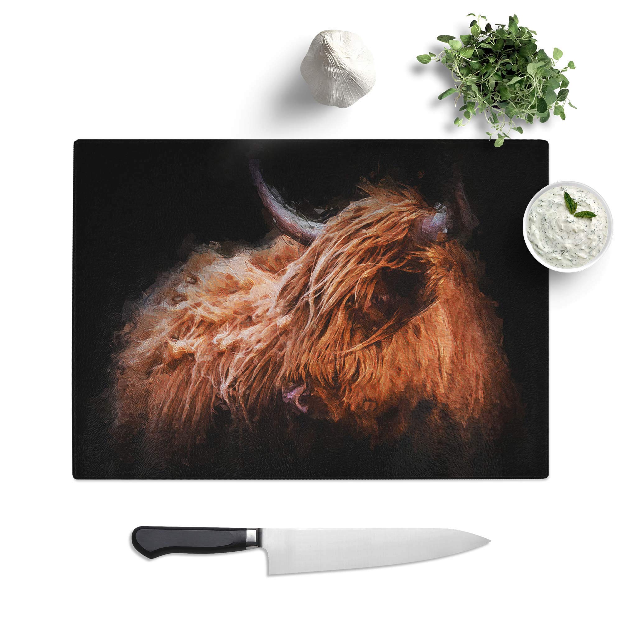 Glass Chopping Board - Highland Cow in The Shadows - Textured Worktop Saver Cutting Board - Heat Resistant, Shatterproof and Hygenic - 39 x 28.5 cm
