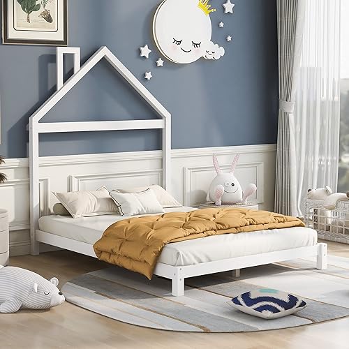 Miniatura 108 de Cama de plataforma de madera de tamaño individual con cabecero y cercas en forma de casa, sin rejas, cama de piso para dormitorio de niños