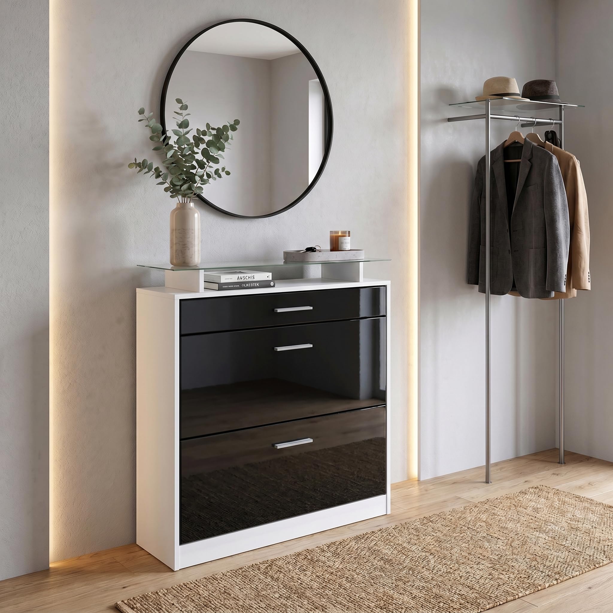 Vladon Zapatero Loret, Armario para Zapatos para 16 Pares de Zapatos con 2 Puertas abatibles y 1 Cajón y Estante de Cristal, Blanco Mate/Negro de Alto Brillo (89 x 104 x 23 cm)