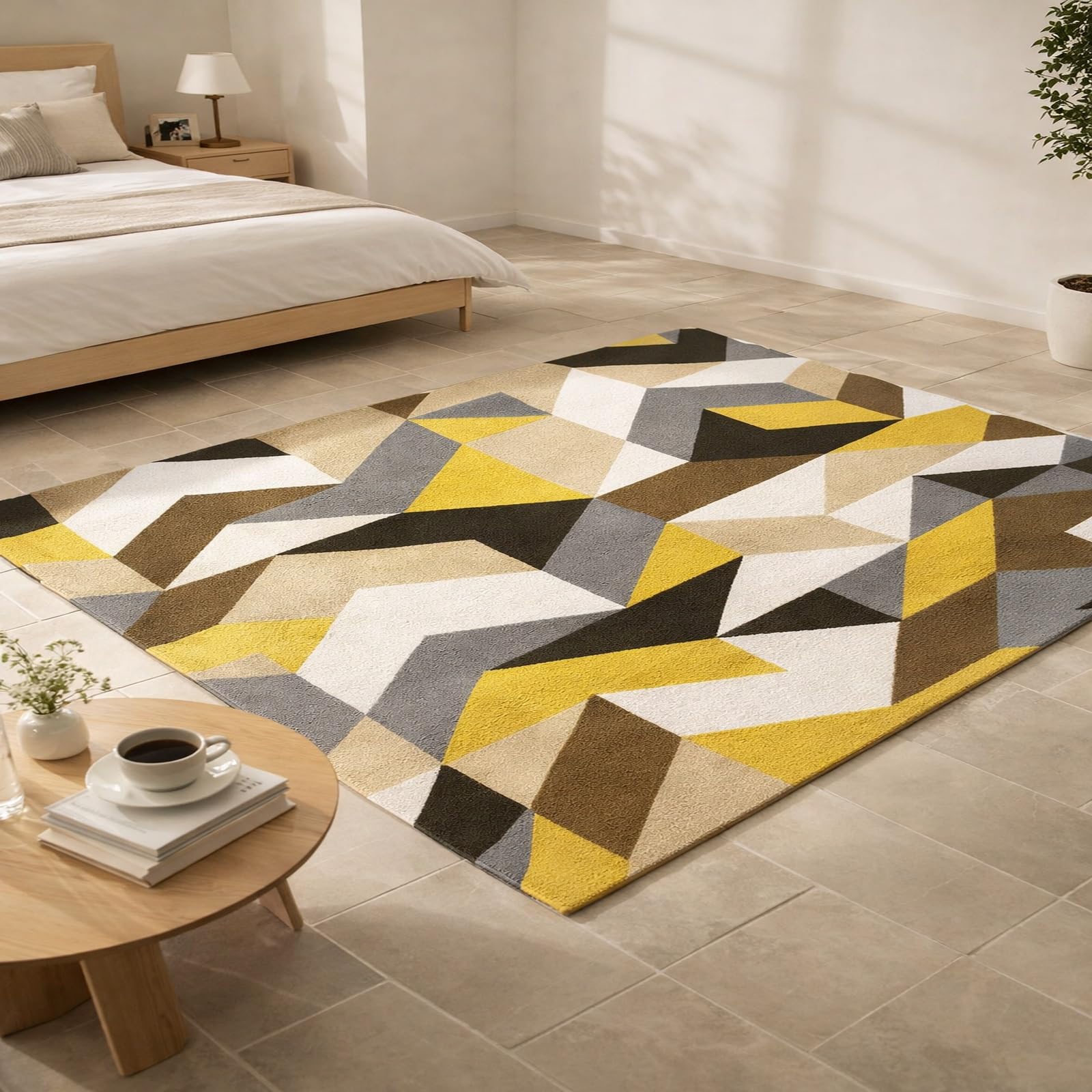 Tapis géométrique moderne chic jaune beige noir 120 x 170 cm