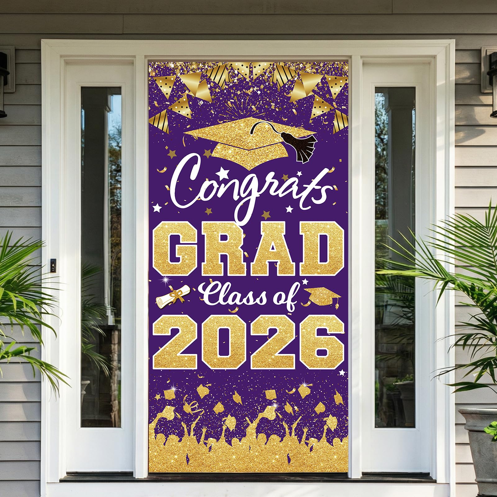 2026 Graduation Party Decorations - Purple Gold Congrats Grad Class of 2026 Banner 2026 Graduation Party Supplies Front Door Cover Porch Sign Backdrop