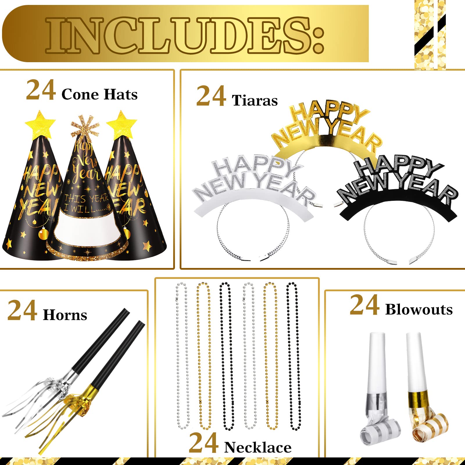 Canlierr 120 Pcs 2025 New Years Eve Party Supplies for 24 Include Cone Hats, Glitter Tiaras, Beaded Necklace, Tassel Squawkers, Curled Squawkers Silver Gold Black New Years Party Favor Decor (Classic)